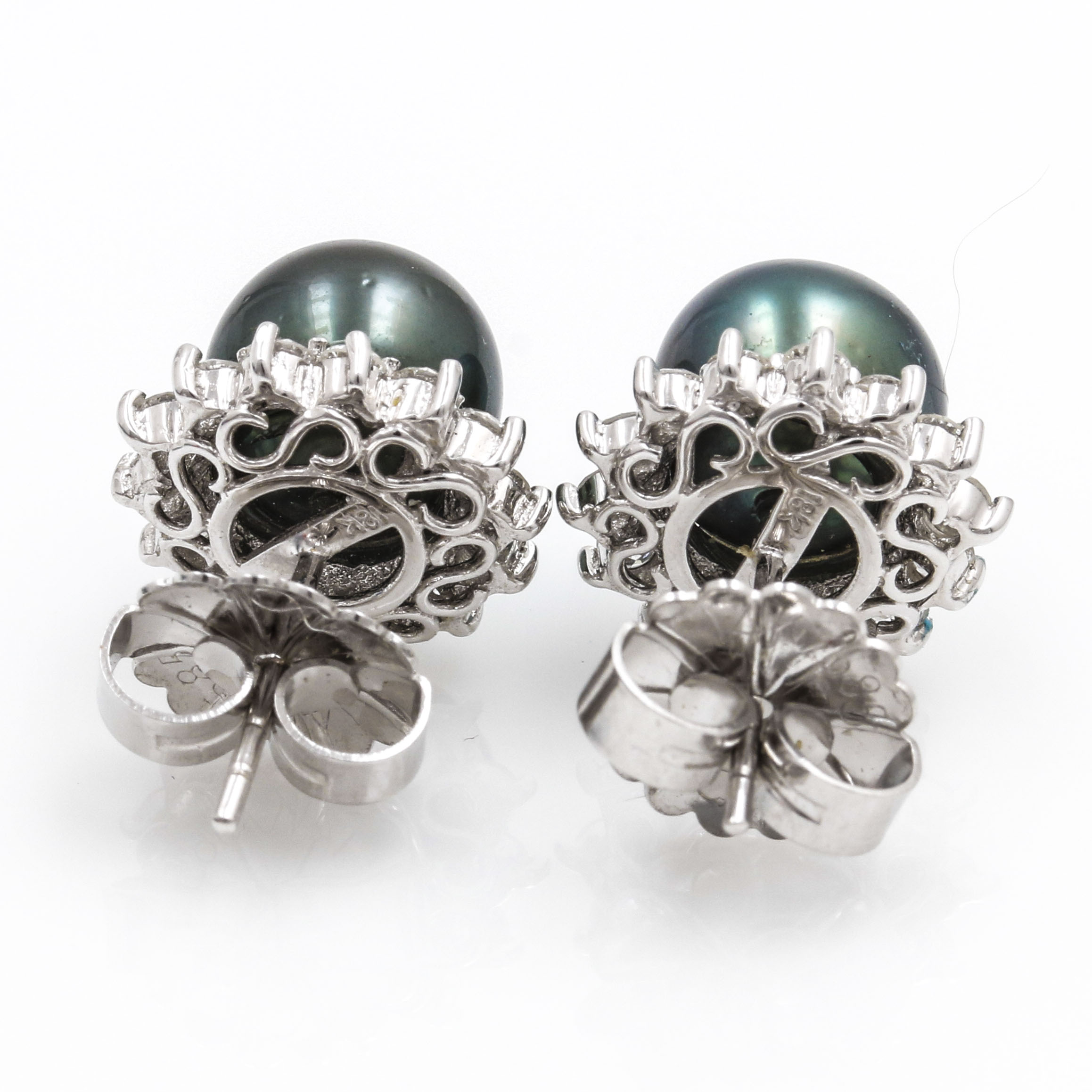 18K White Gold Tahitian Cultured Pearl and Diamond Stud Earrings