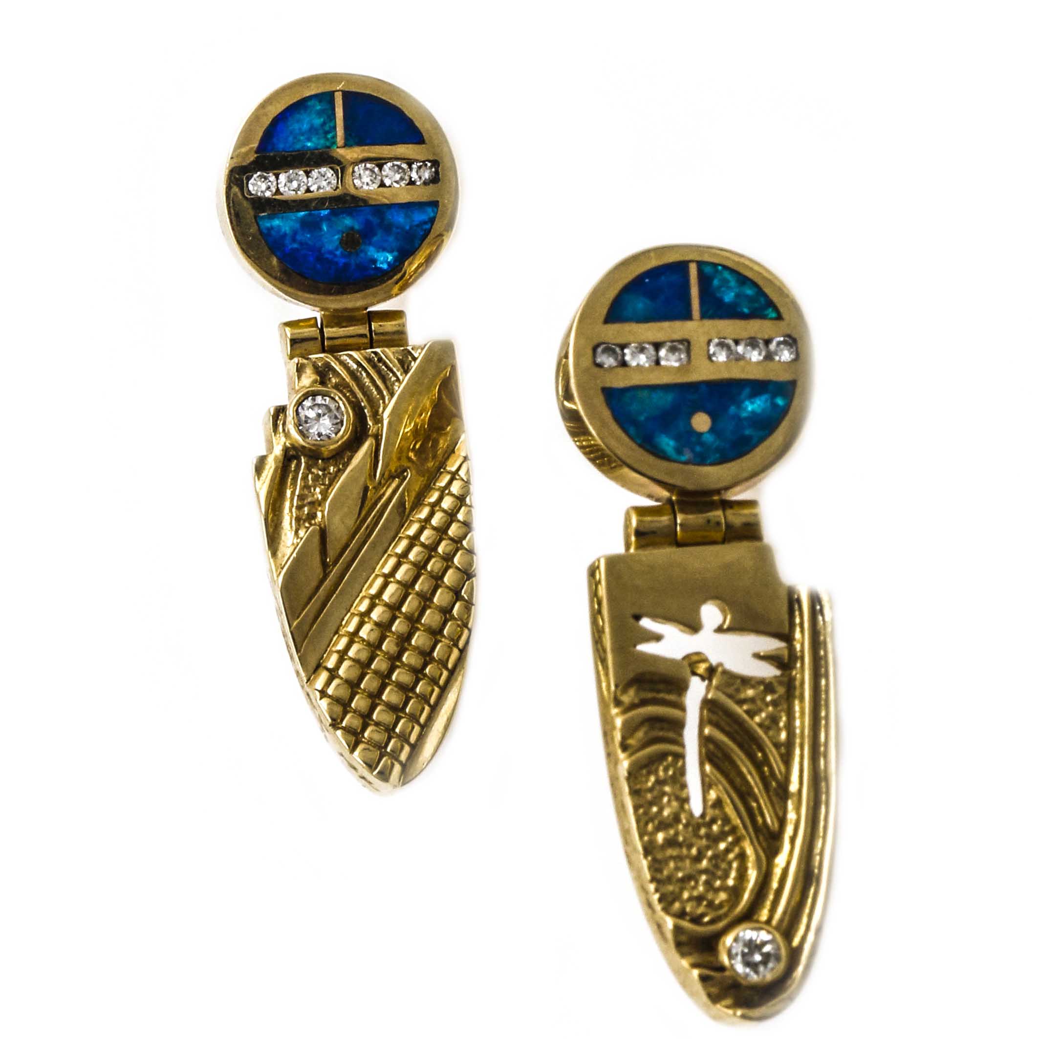 Ray Tracey Navajo 14K Yellow Gold and Diamond Earrings