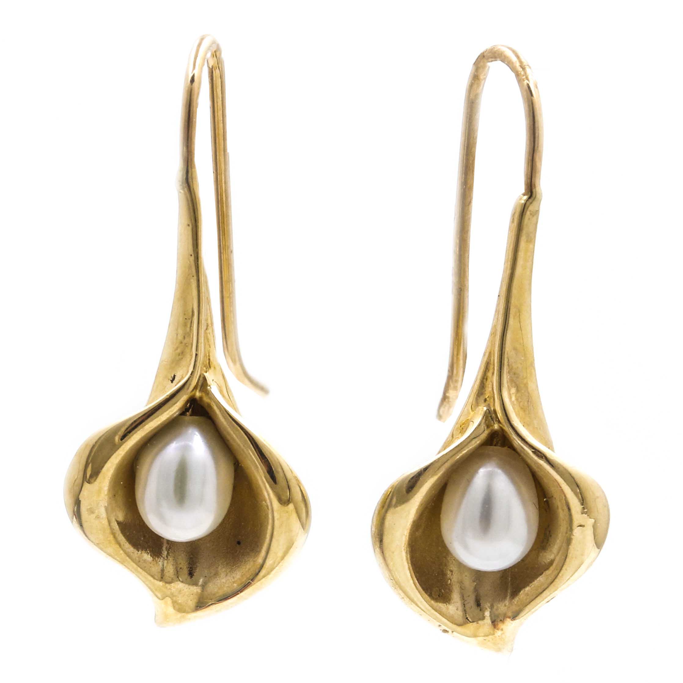 14K Yellow Gold Pearl Calla Lily Earrings
