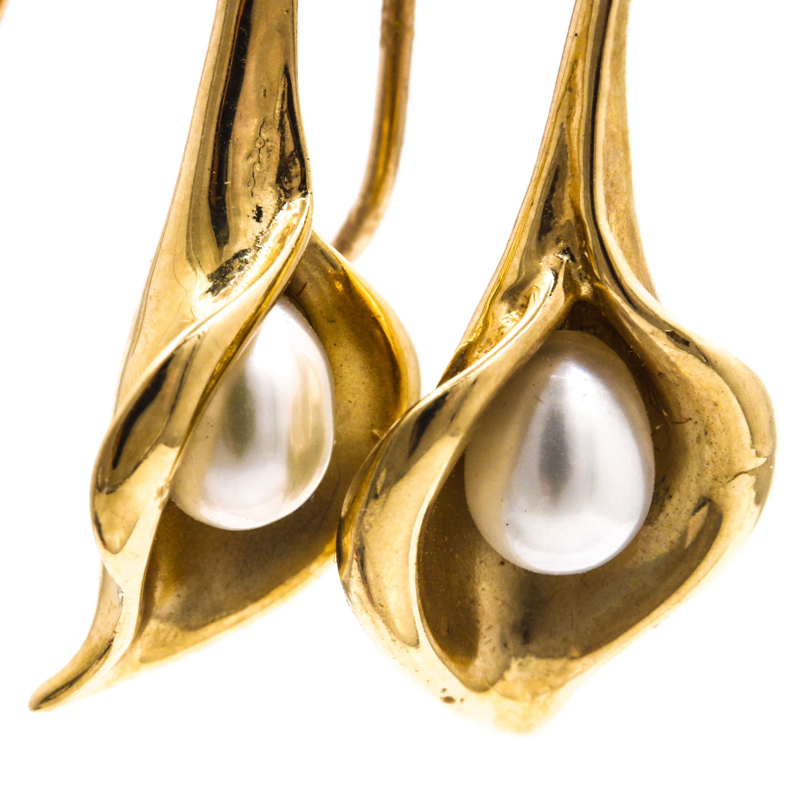 14K Yellow Gold Pearl Calla Lily Earrings