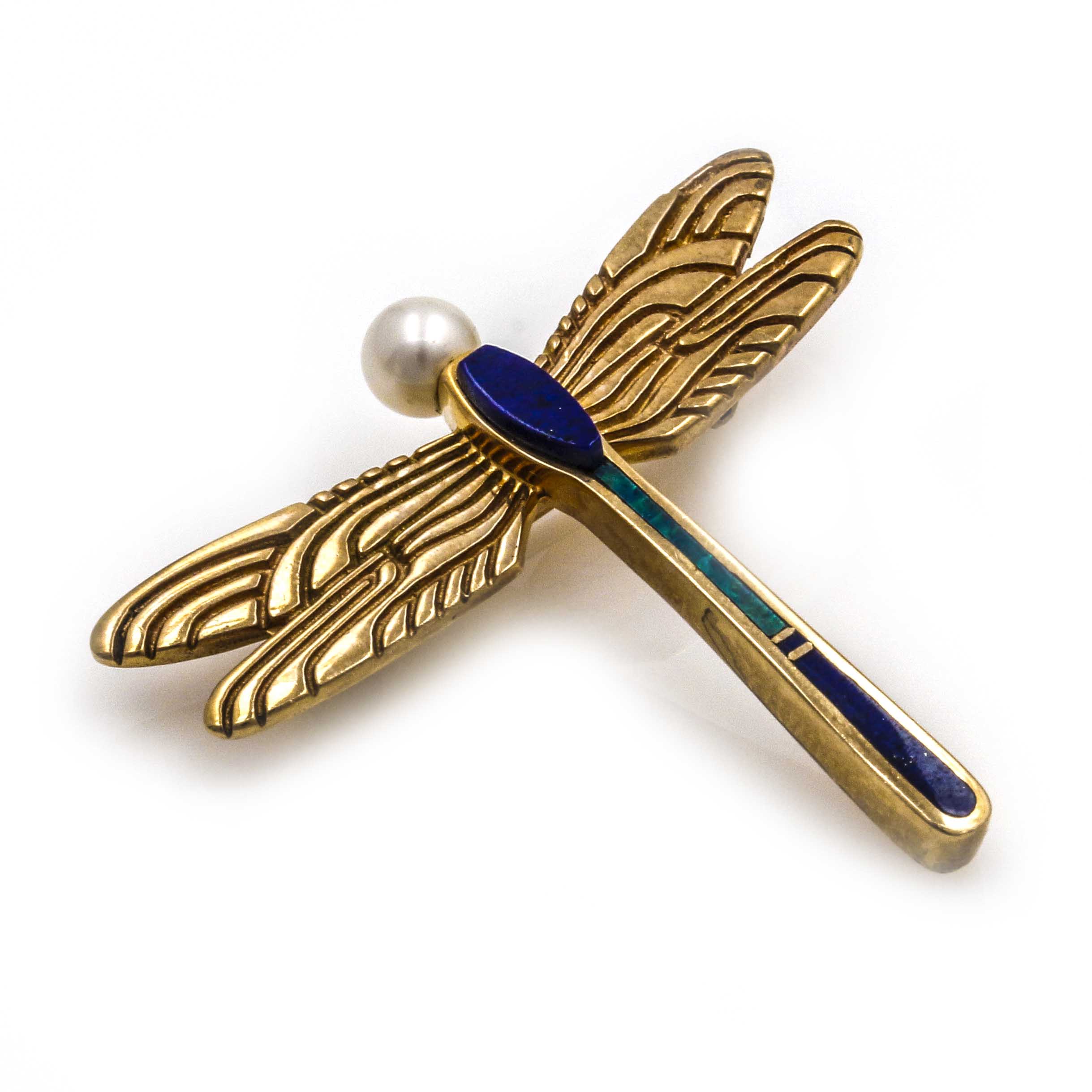 Tracey Designs 14K Yellow Gold Mosaic Inlay and Pearl Dragonfly Brooch