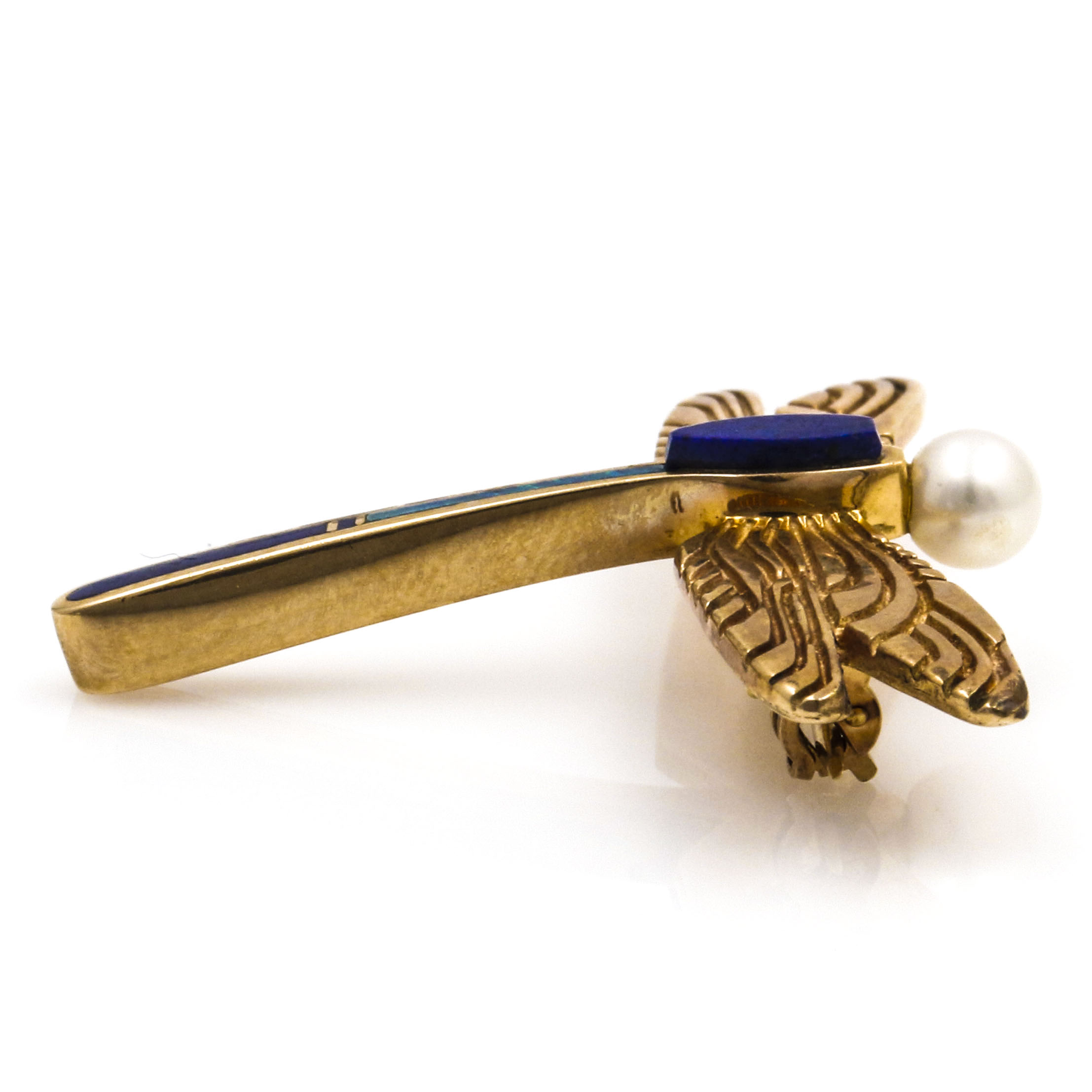 Tracey Designs 14K Yellow Gold Mosaic Inlay and Pearl Dragonfly Brooch