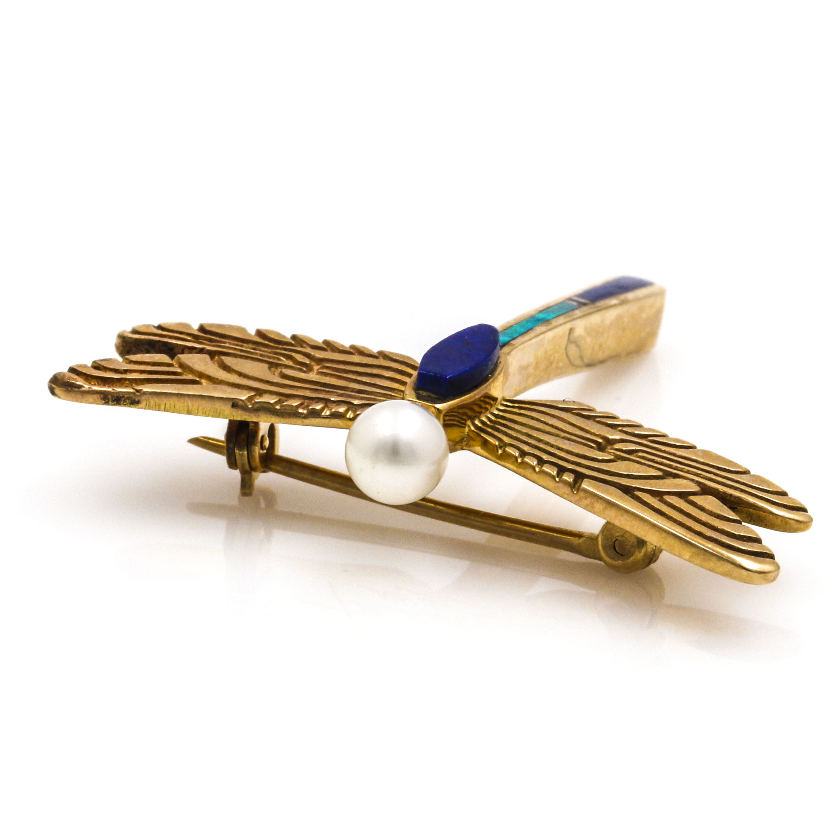 Tracey Designs 14K Yellow Gold Mosaic Inlay and Pearl Dragonfly Brooch
