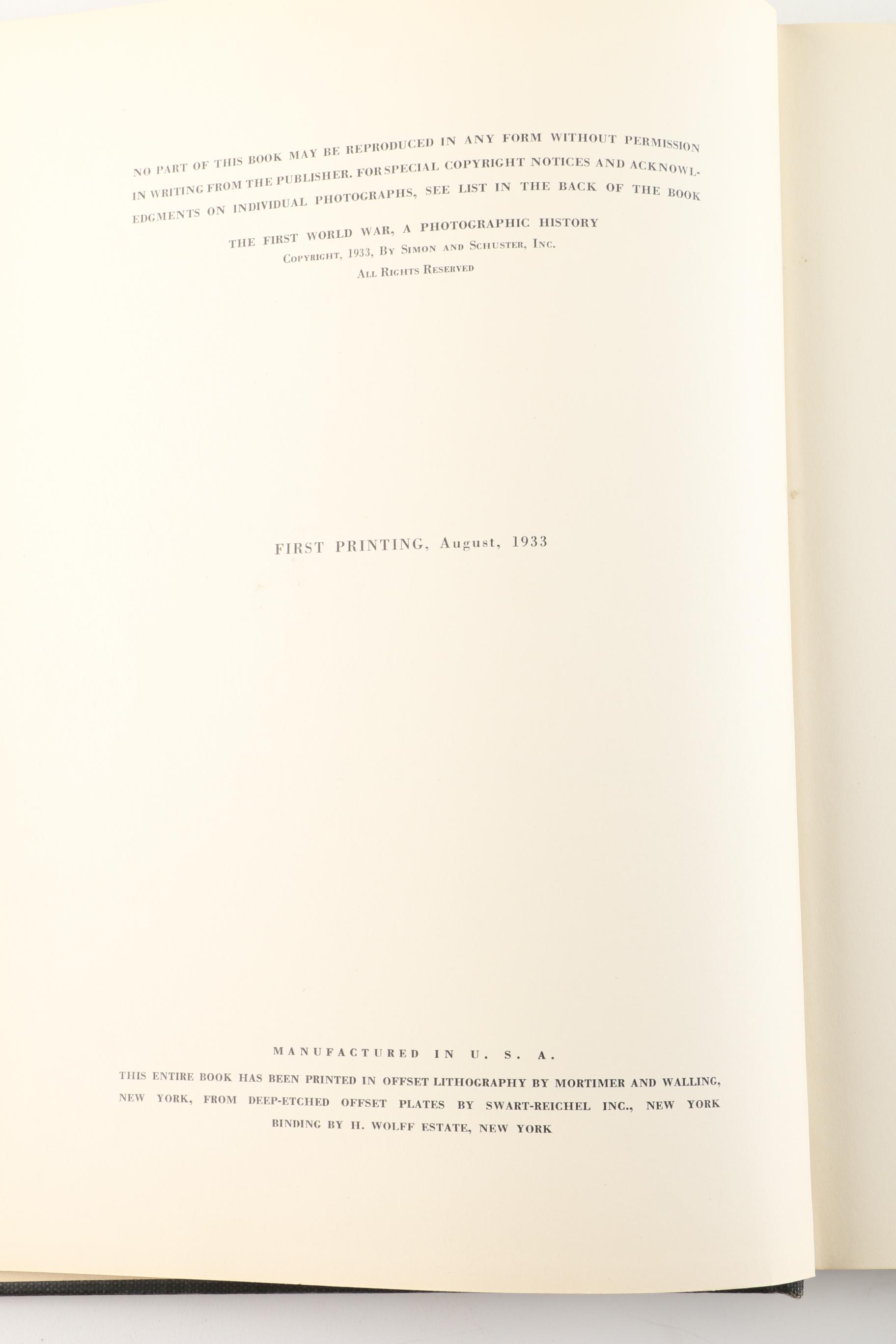 1933 First Edition "The First World War: A Photographic History" Edited by Laurence Stallings