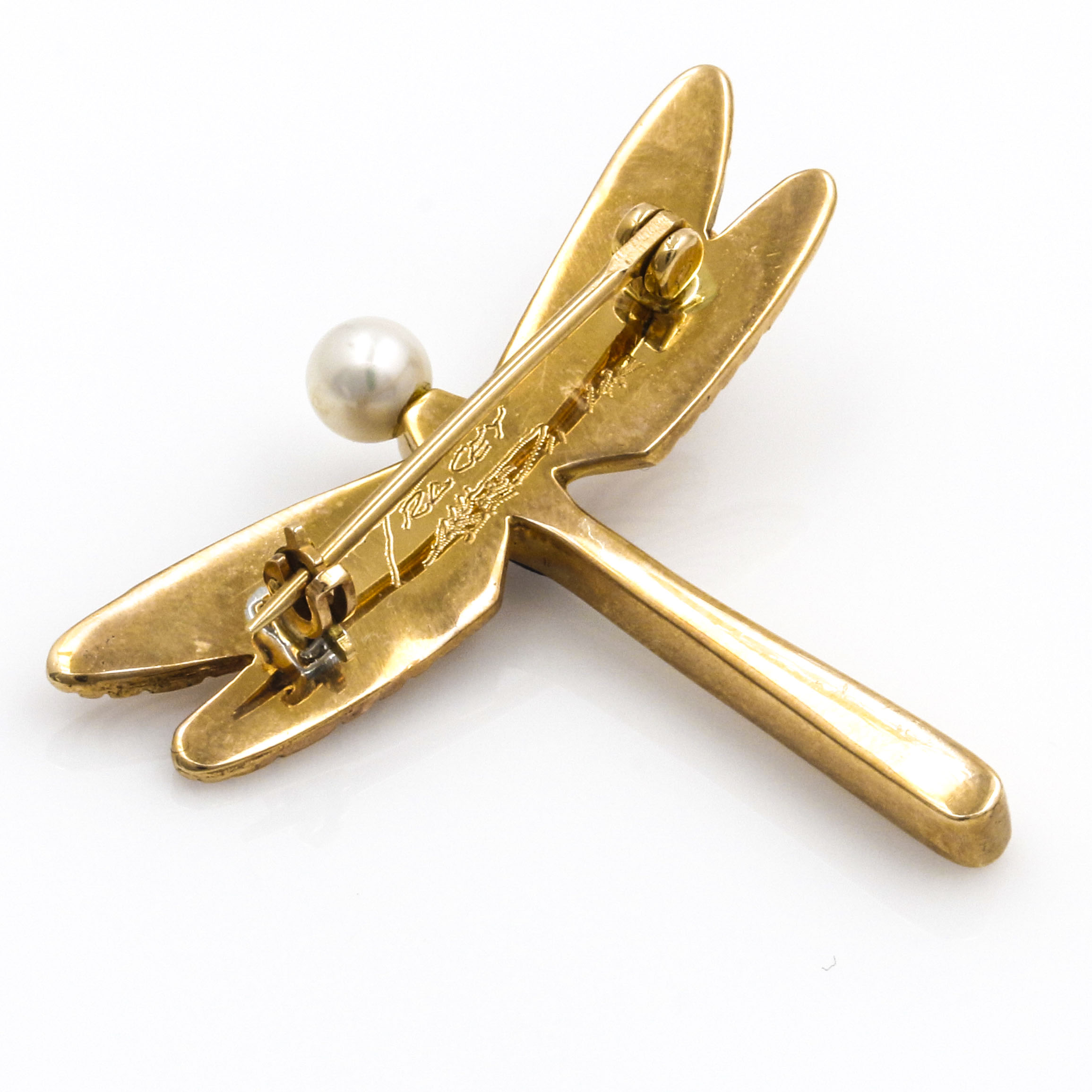 Tracey Designs 14K Yellow Gold Mosaic Inlay and Pearl Dragonfly Brooch
