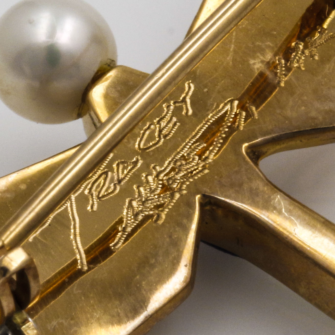 Tracey Designs 14K Yellow Gold Mosaic Inlay and Pearl Dragonfly Brooch