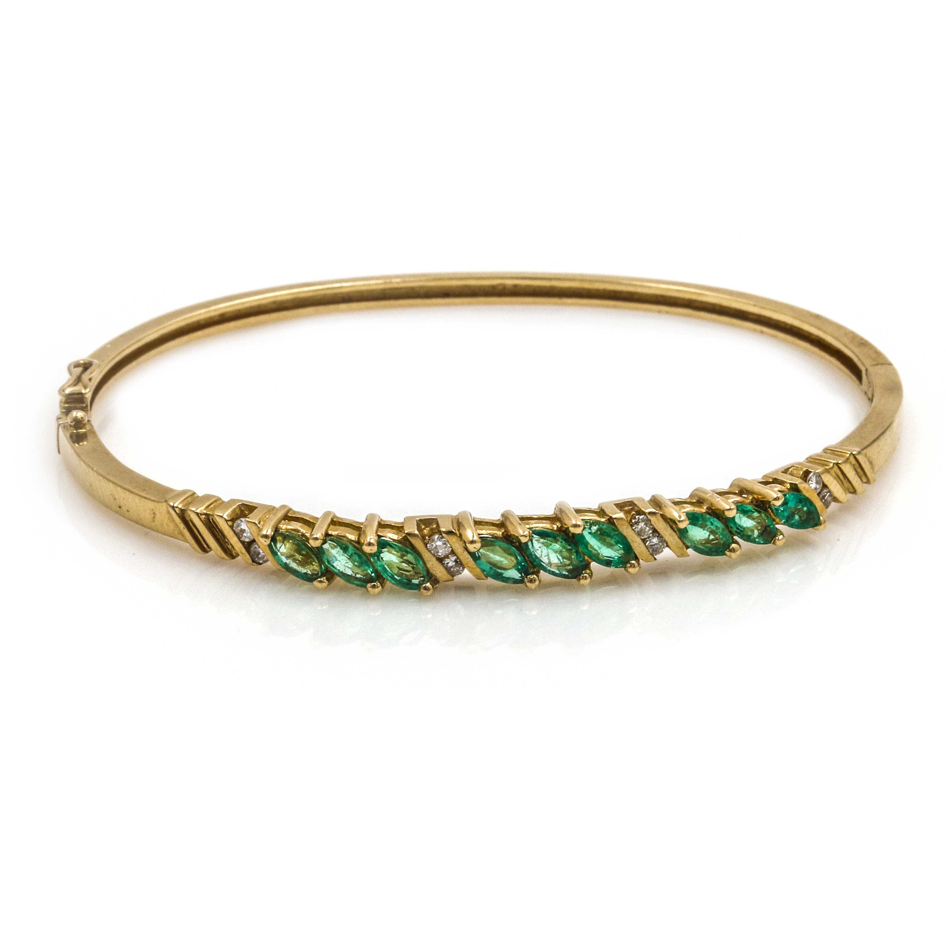 14K Yellow Gold Emerald and Diamond Hinged Bangle Bracelet