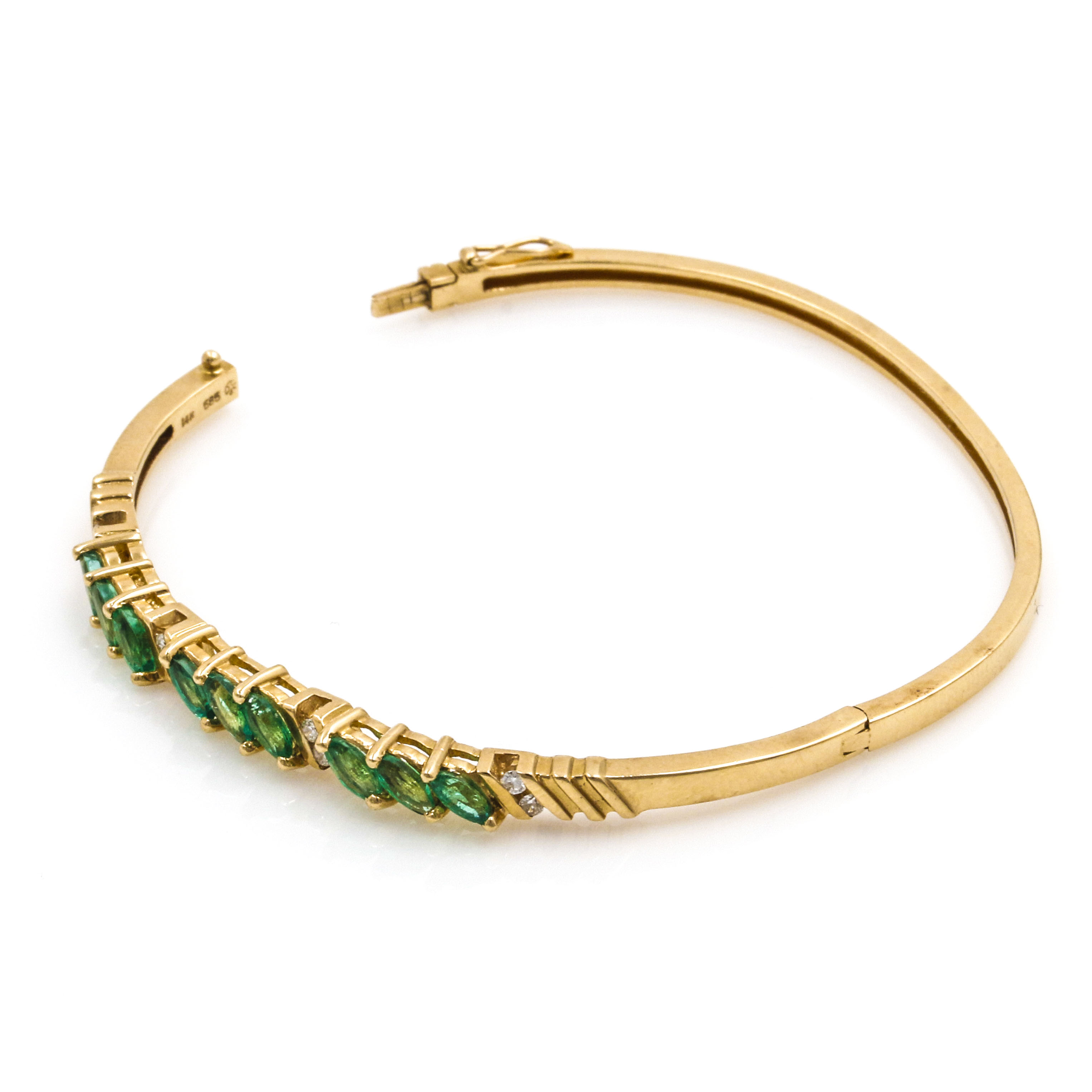 14K Yellow Gold Emerald and Diamond Hinged Bangle Bracelet