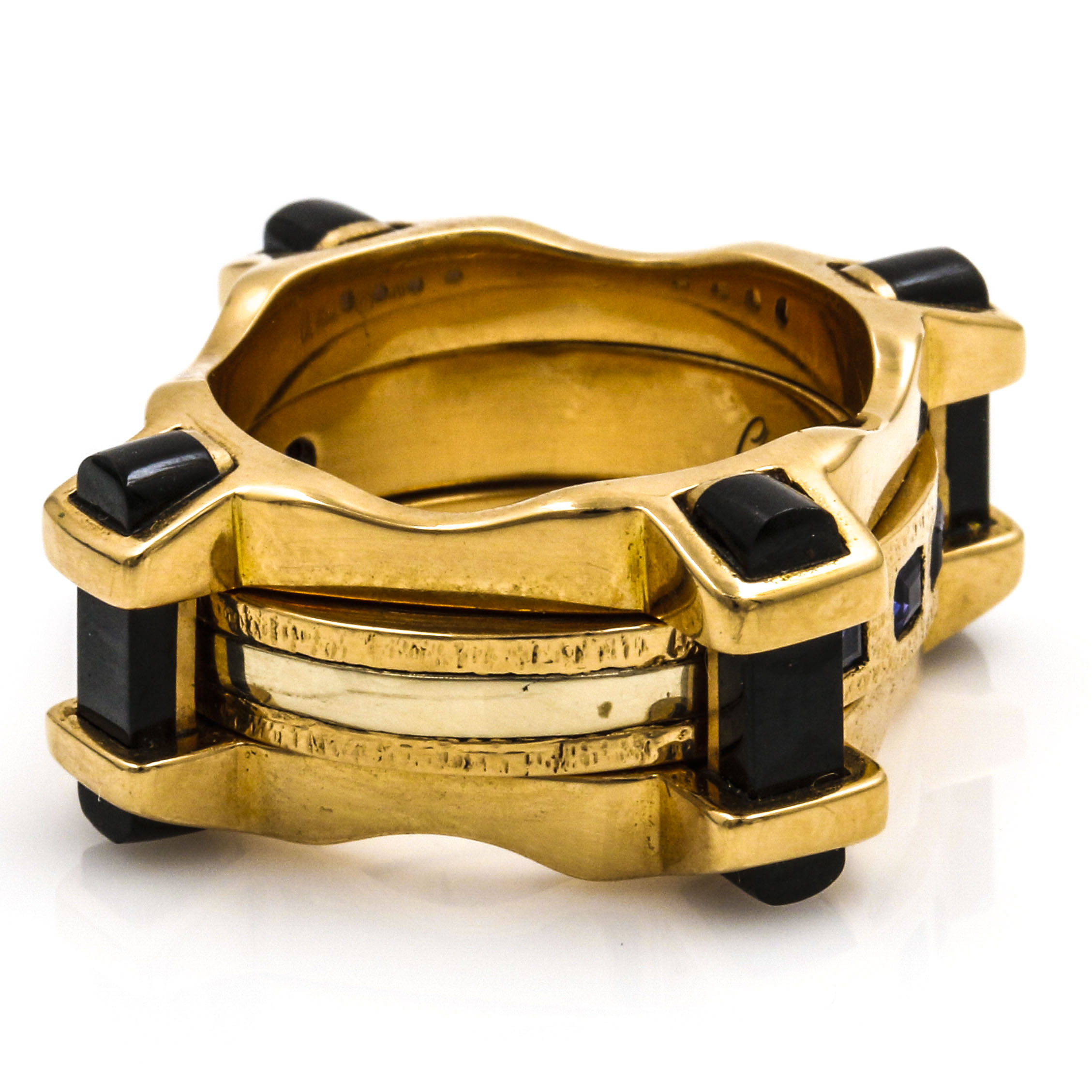 18K Yellow Gold Sapphire and Black Onyx Articulated Square Ring