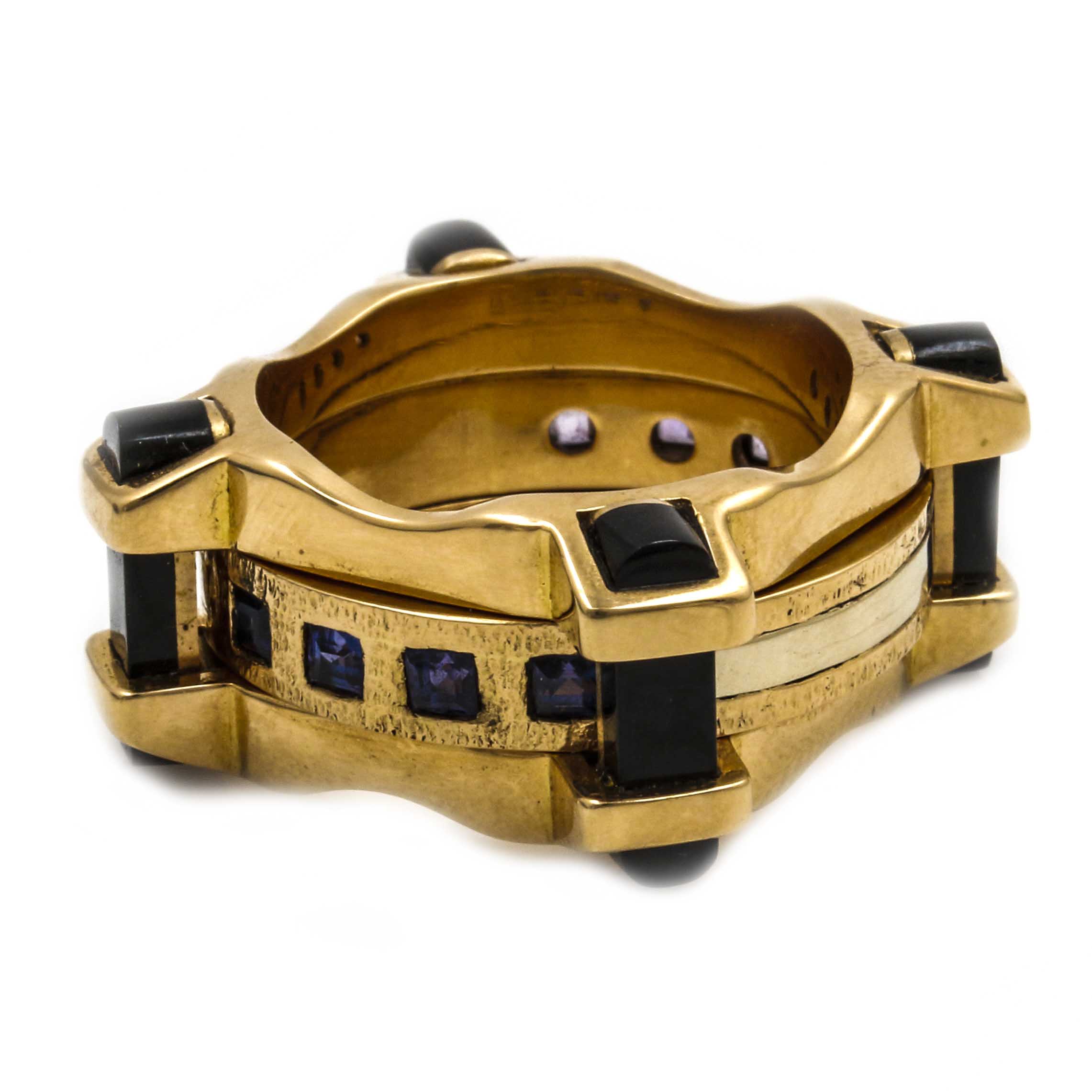 18K Yellow Gold Sapphire and Black Onyx Articulated Square Ring