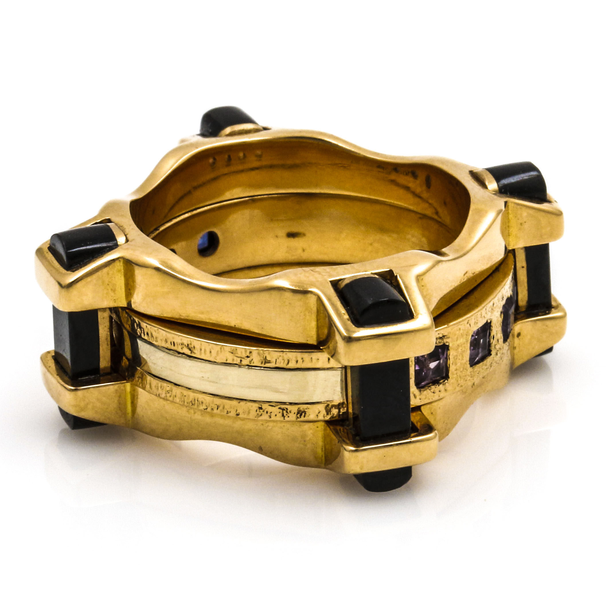 18K Yellow Gold Sapphire and Black Onyx Articulated Square Ring