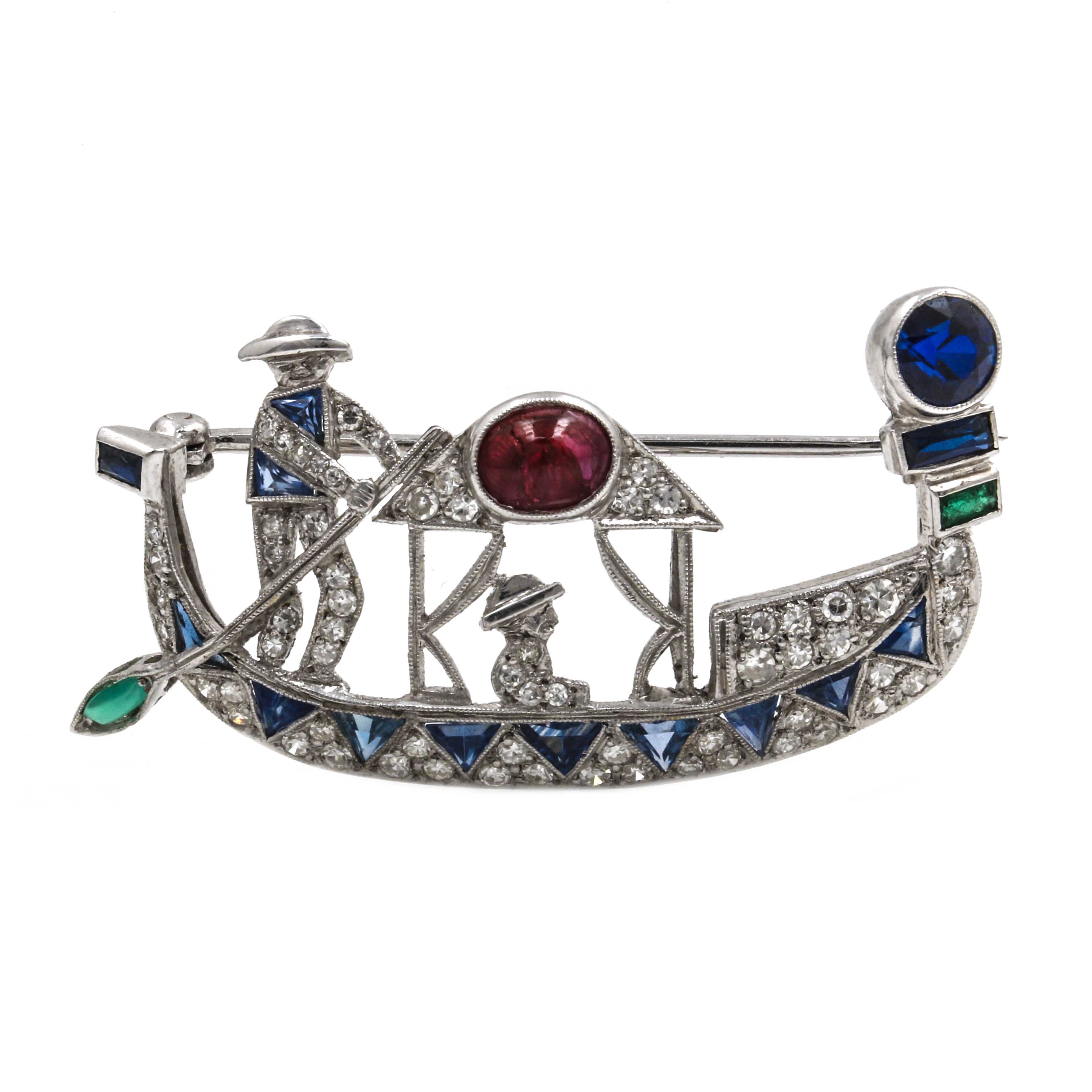 Platinum and 14K White Gold Gemstone Gondola Brooch