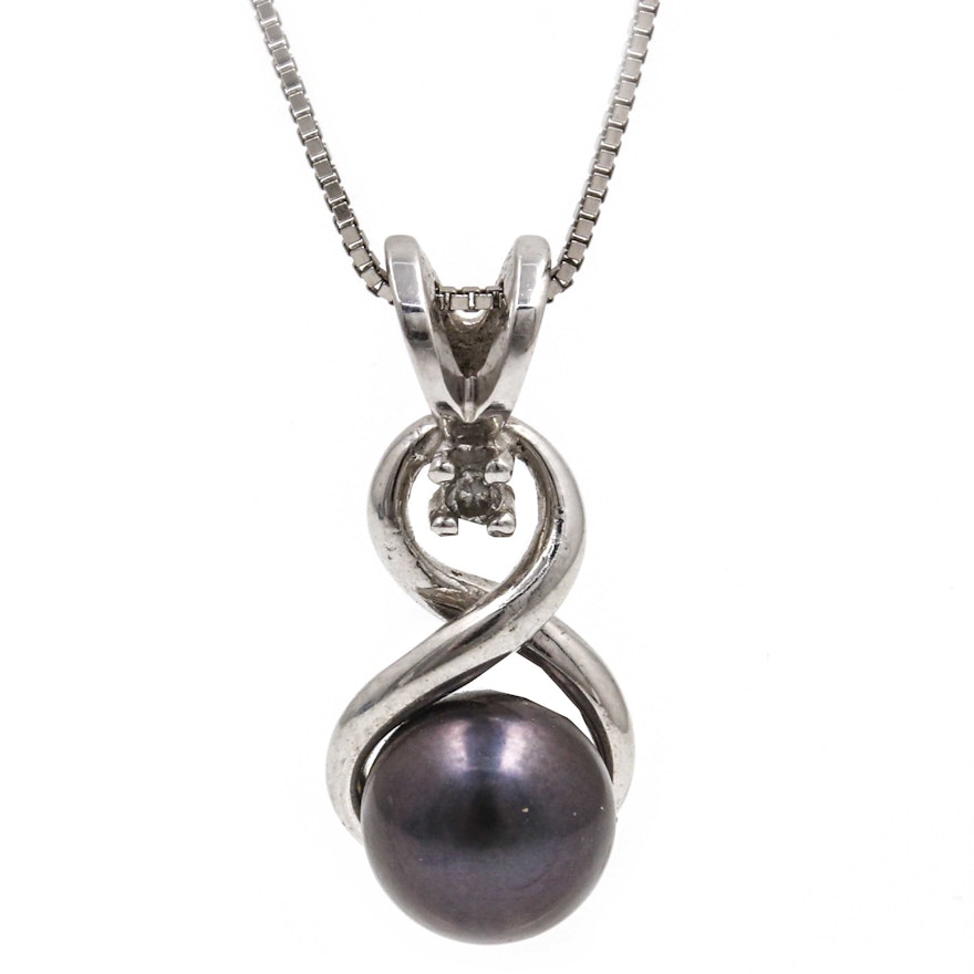 14K White Gold Cultured Pearl and Diamond Pendant Necklace