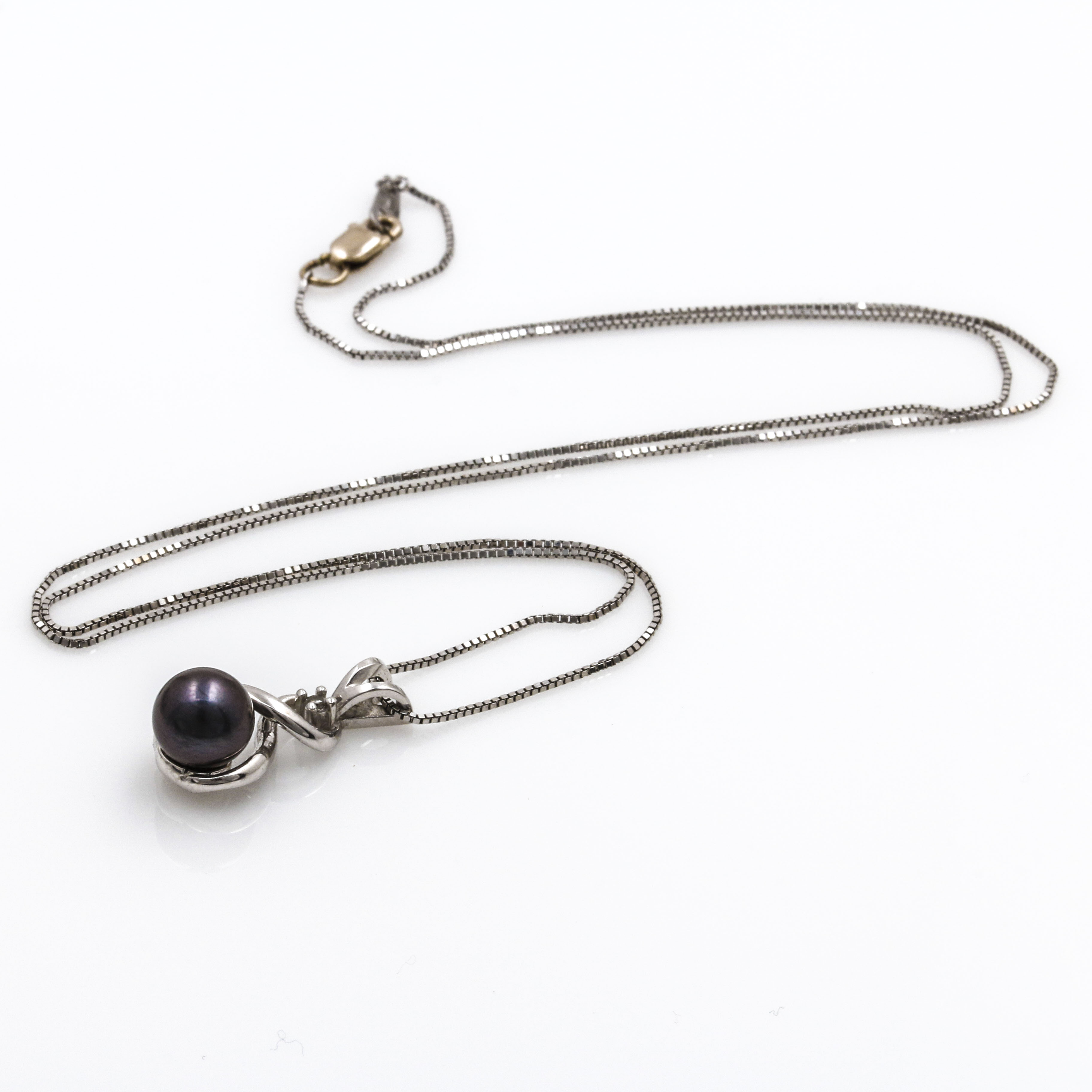 14K White Gold Cultured Pearl and Diamond Pendant Necklace