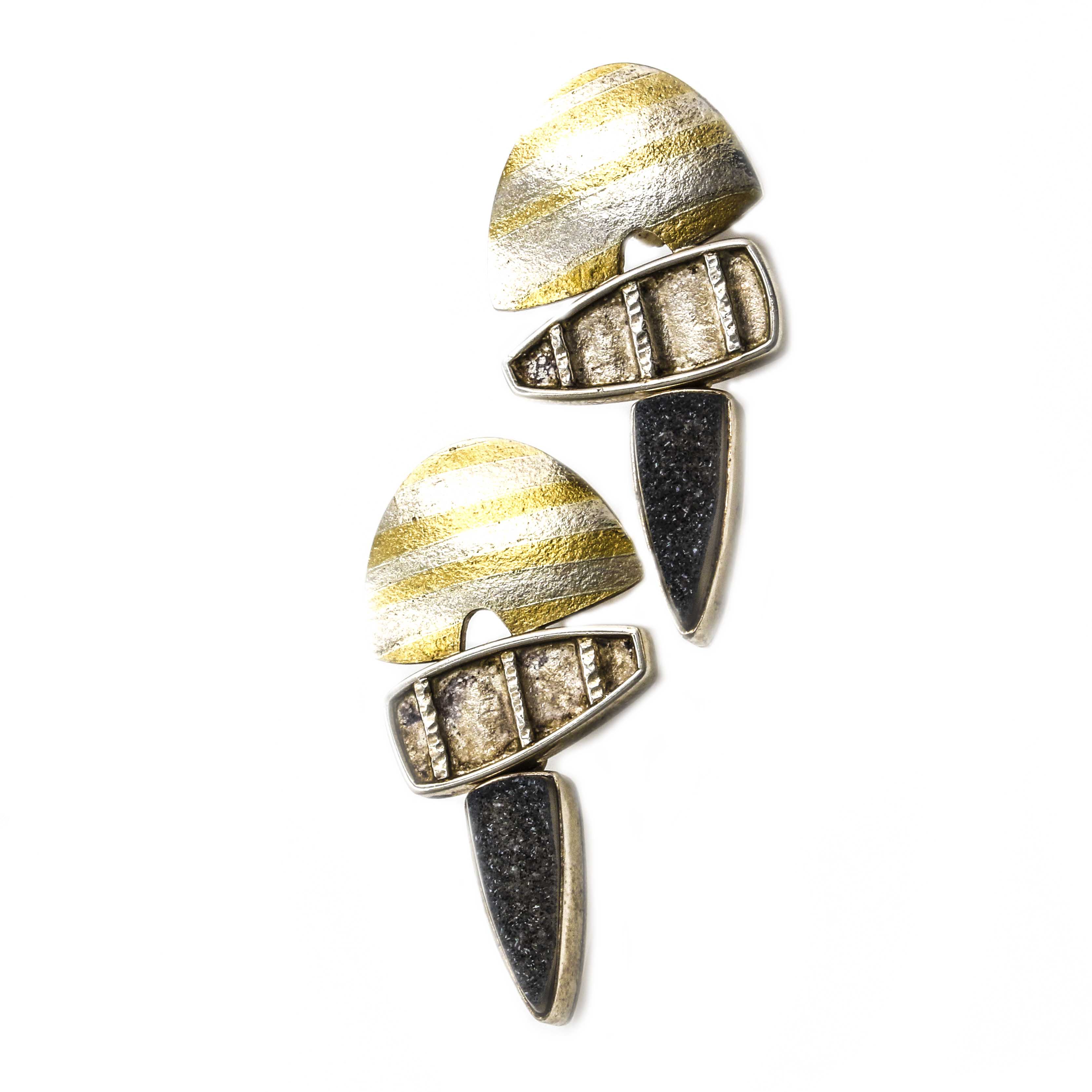 Sterling Silver and 24K Yellow Gold Abstract Druzy Earrings