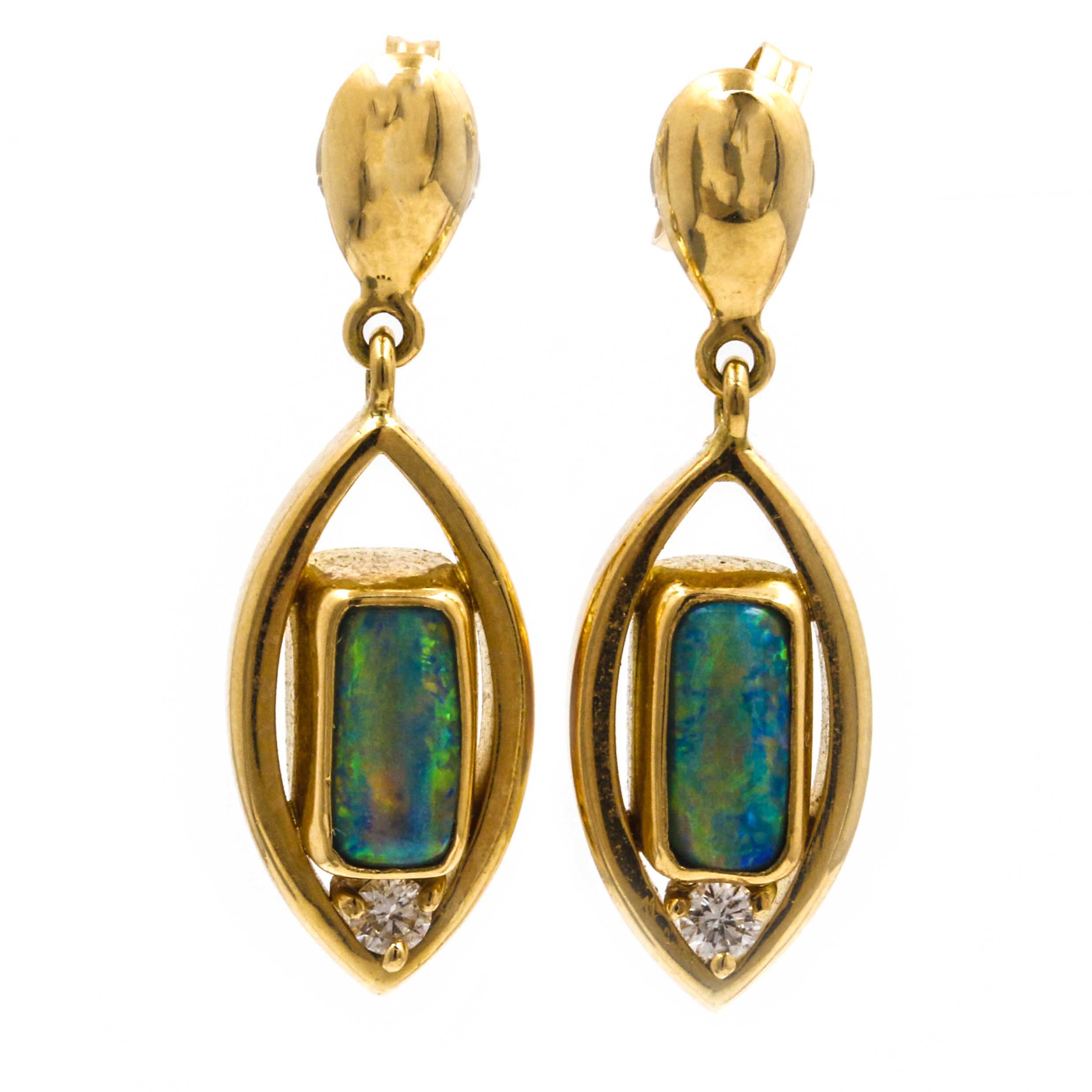 18K Yellow Gold Black Opal and Diamond Earrings