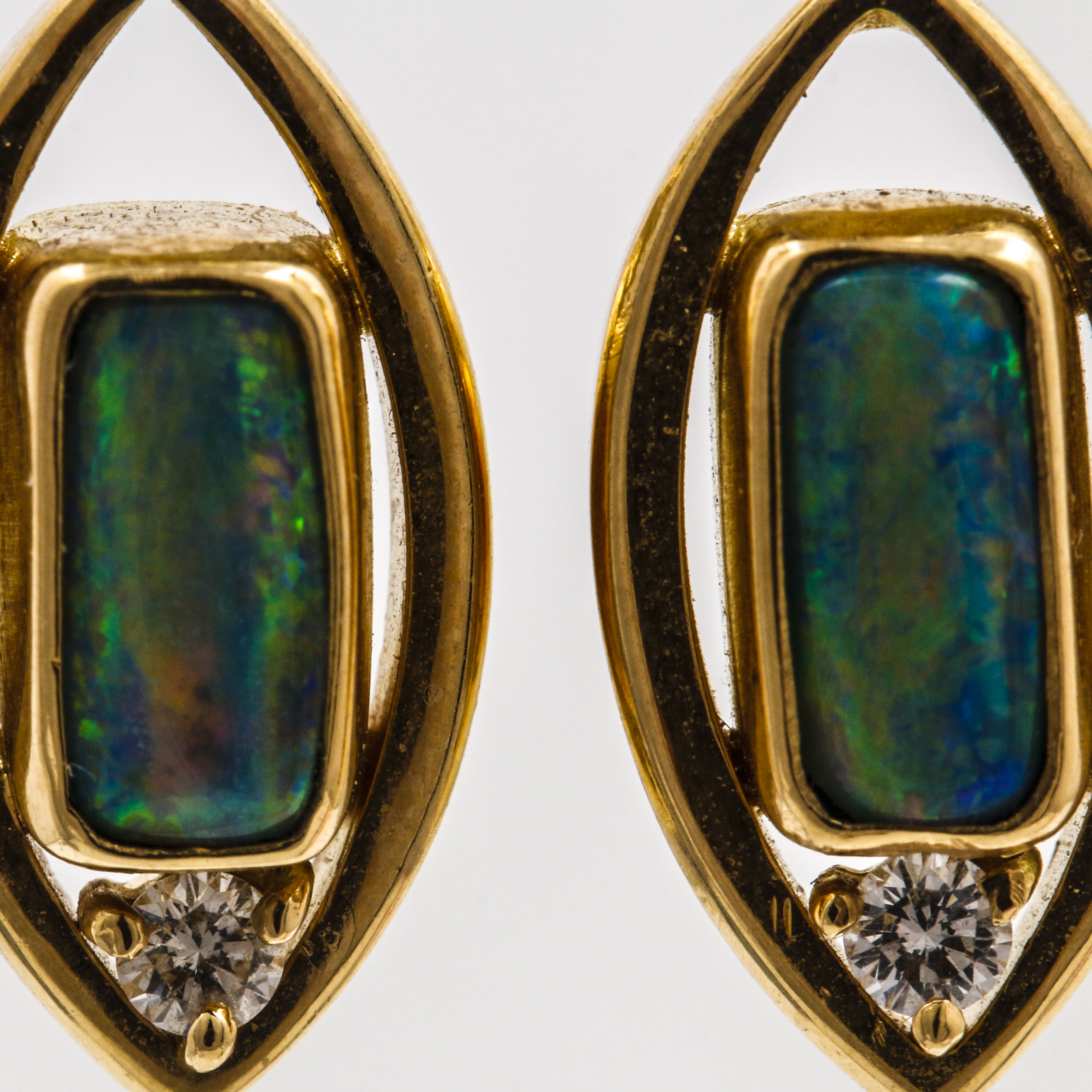 18K Yellow Gold Black Opal and Diamond Earrings