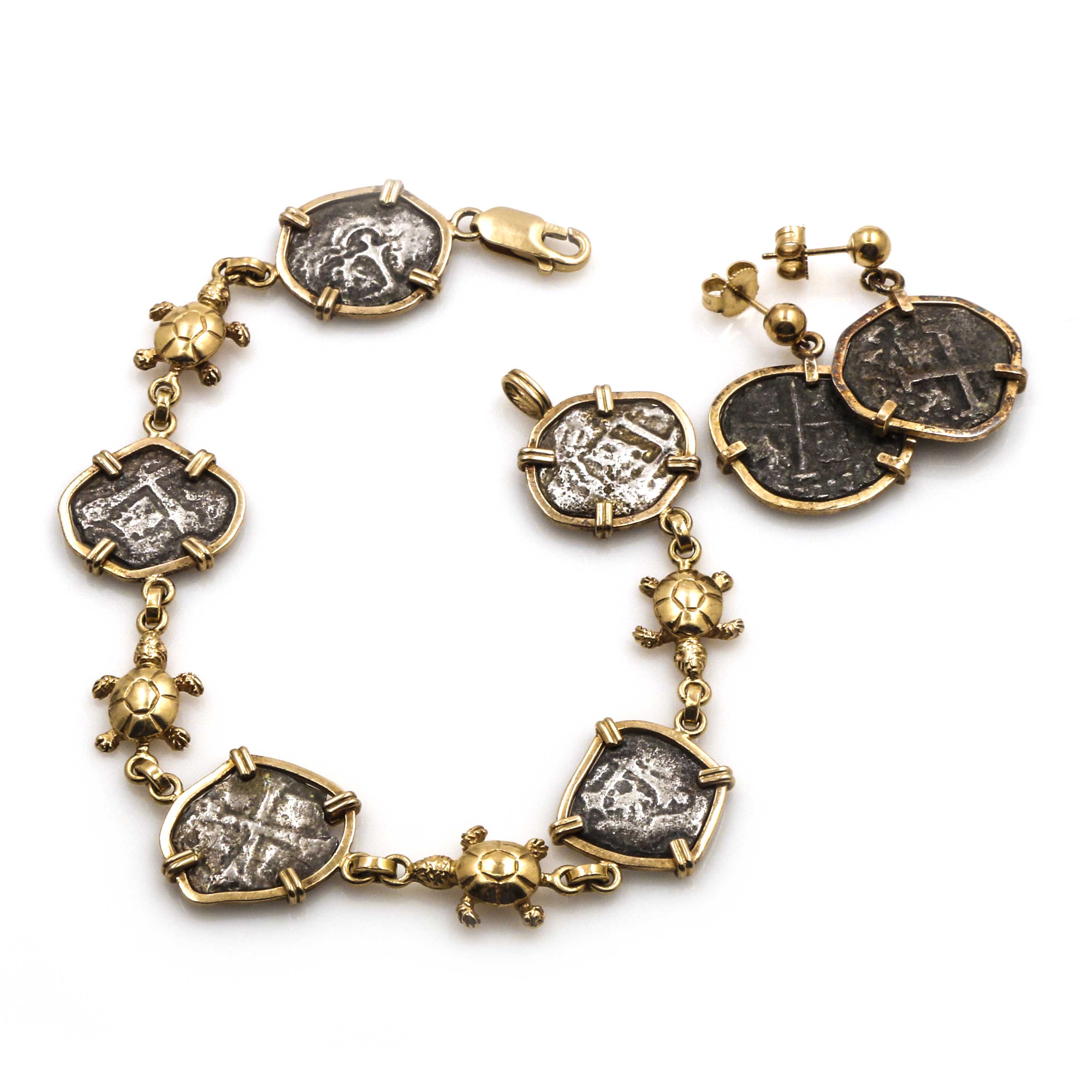 14K Yellow Gold Spanish Silver Cob Bracelet and Earrings