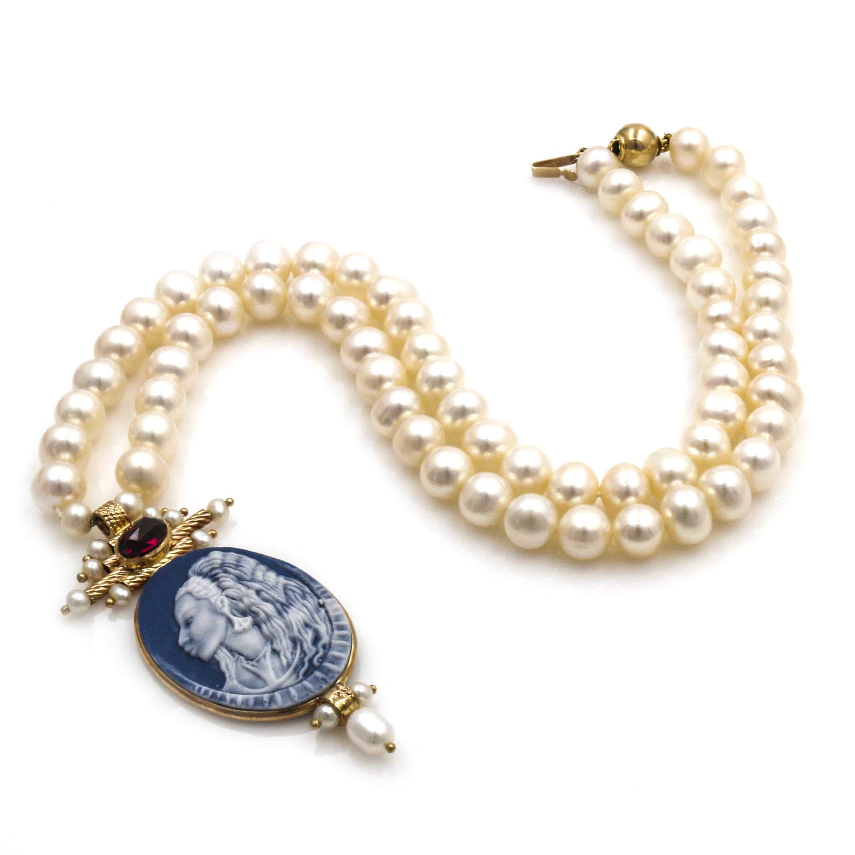 14K Yellow Gold Pearl and Jasperware Necklace
