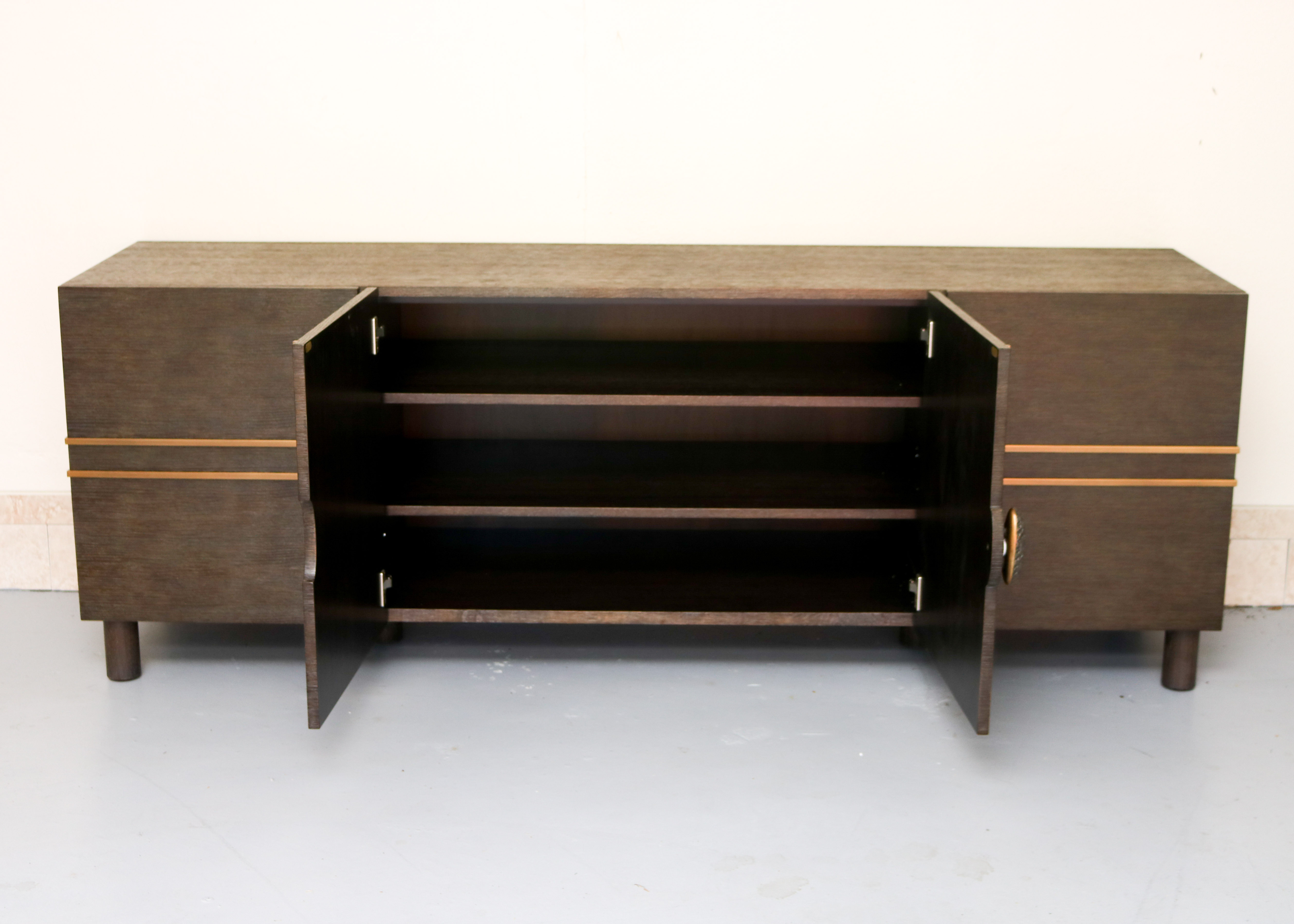 Modern-Style Wooden Credenza with Brass Inlay