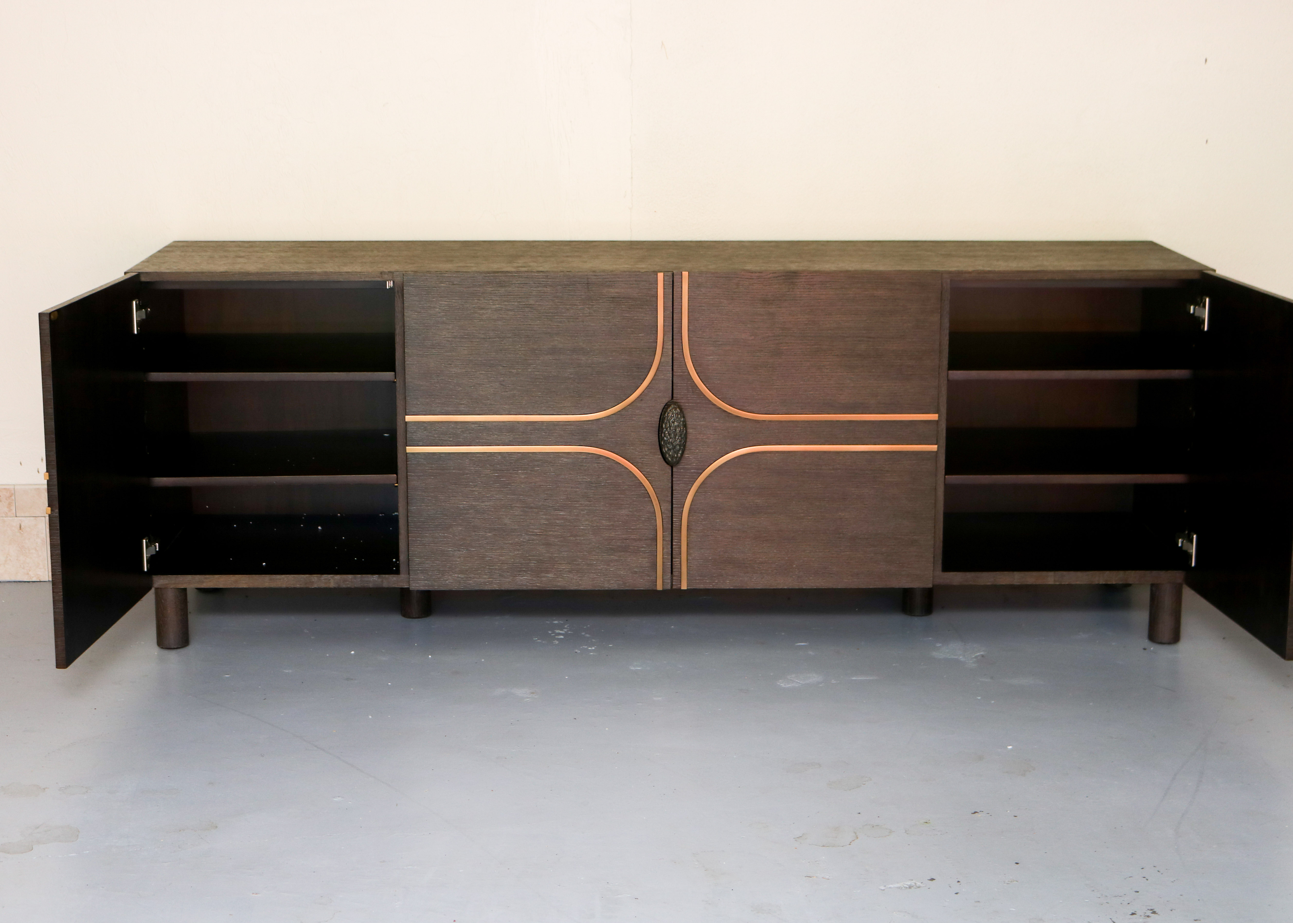 Modern-Style Wooden Credenza with Brass Inlay