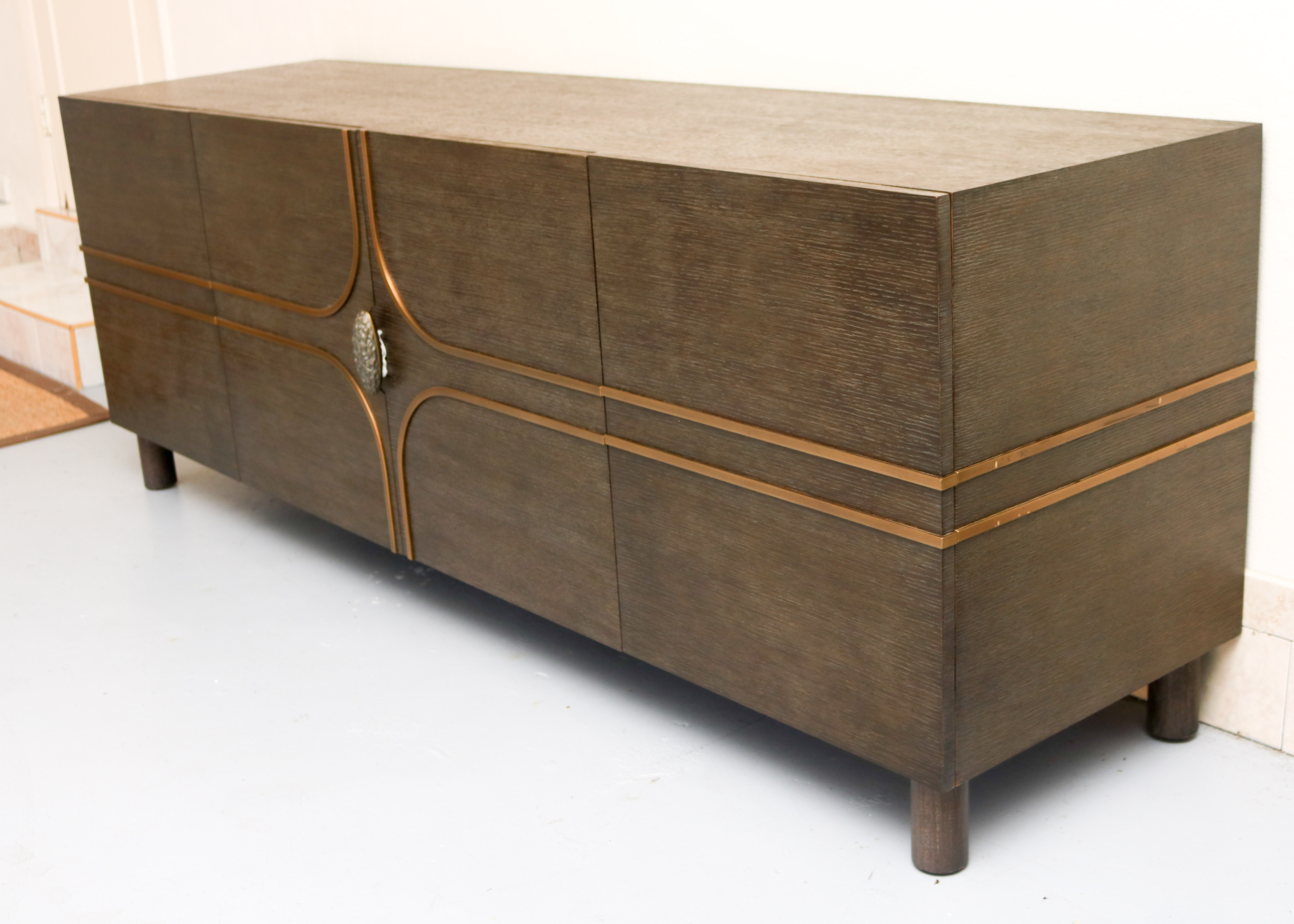 Modern-Style Wooden Credenza with Brass Inlay