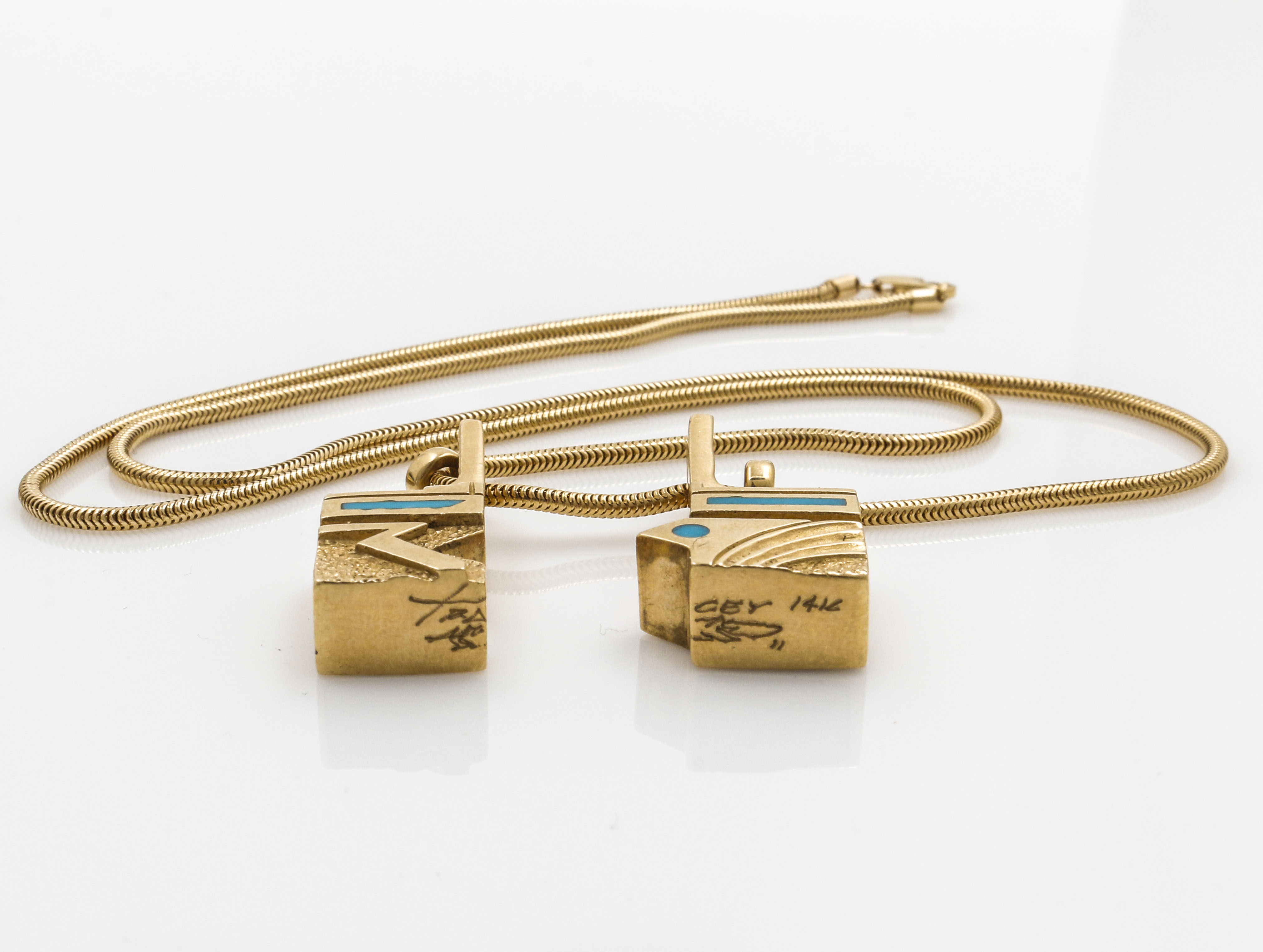 Tracey Designs 14K Yellow Gold Mosaic Gemstone Inlay Yeibichai Pendant Necklace