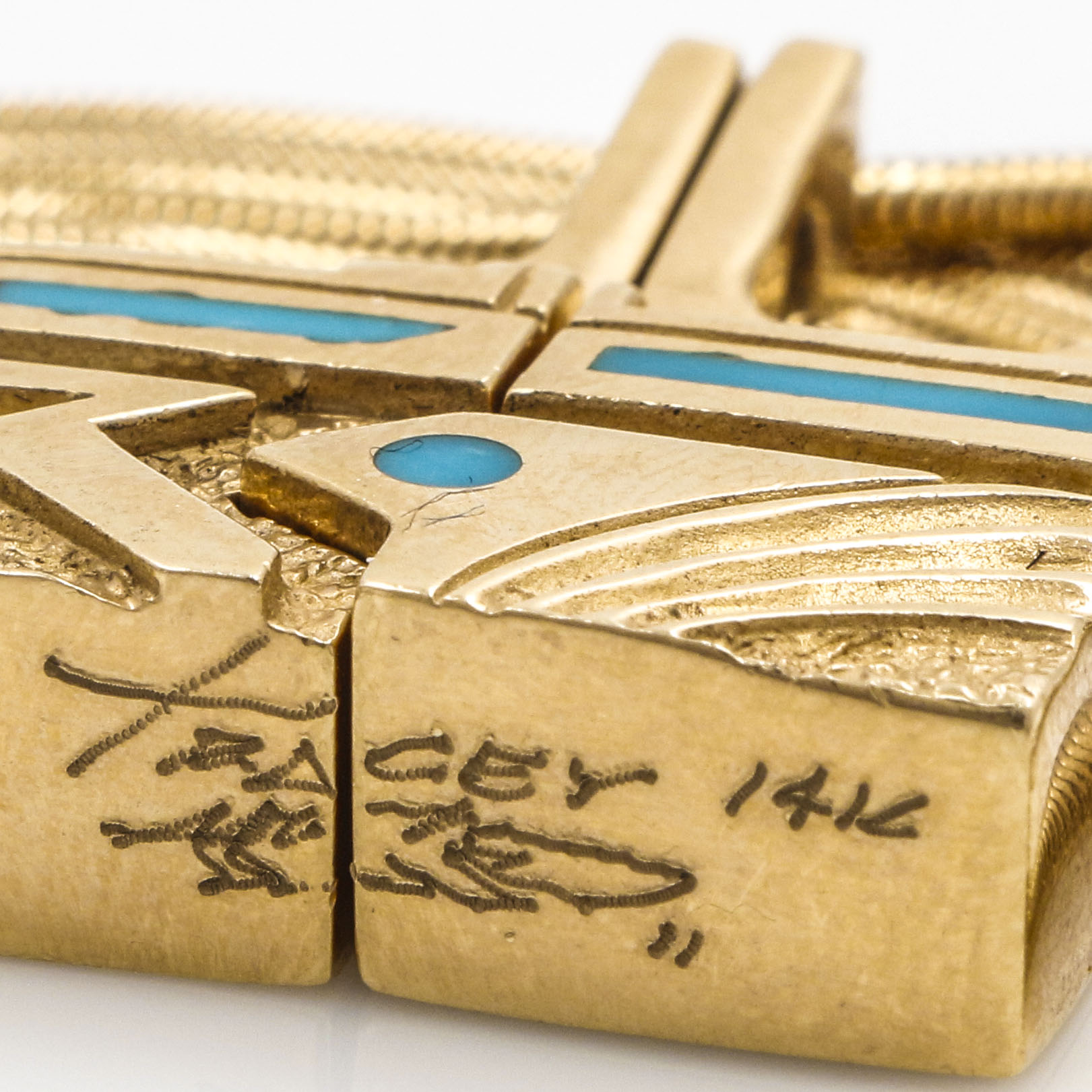 Tracey Designs 14K Yellow Gold Mosaic Gemstone Inlay Yeibichai Pendant Necklace