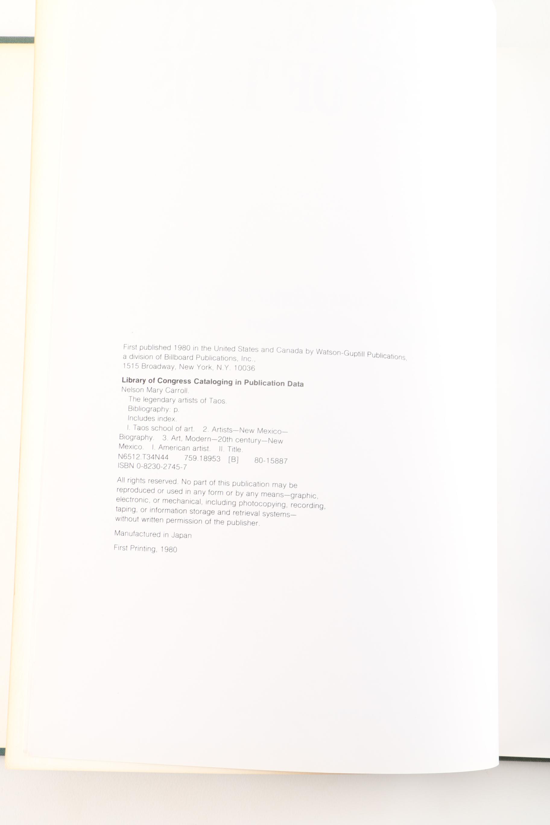 1980 First Printing "The Legendary Artists of Taos" by Mary Carroll Nelson