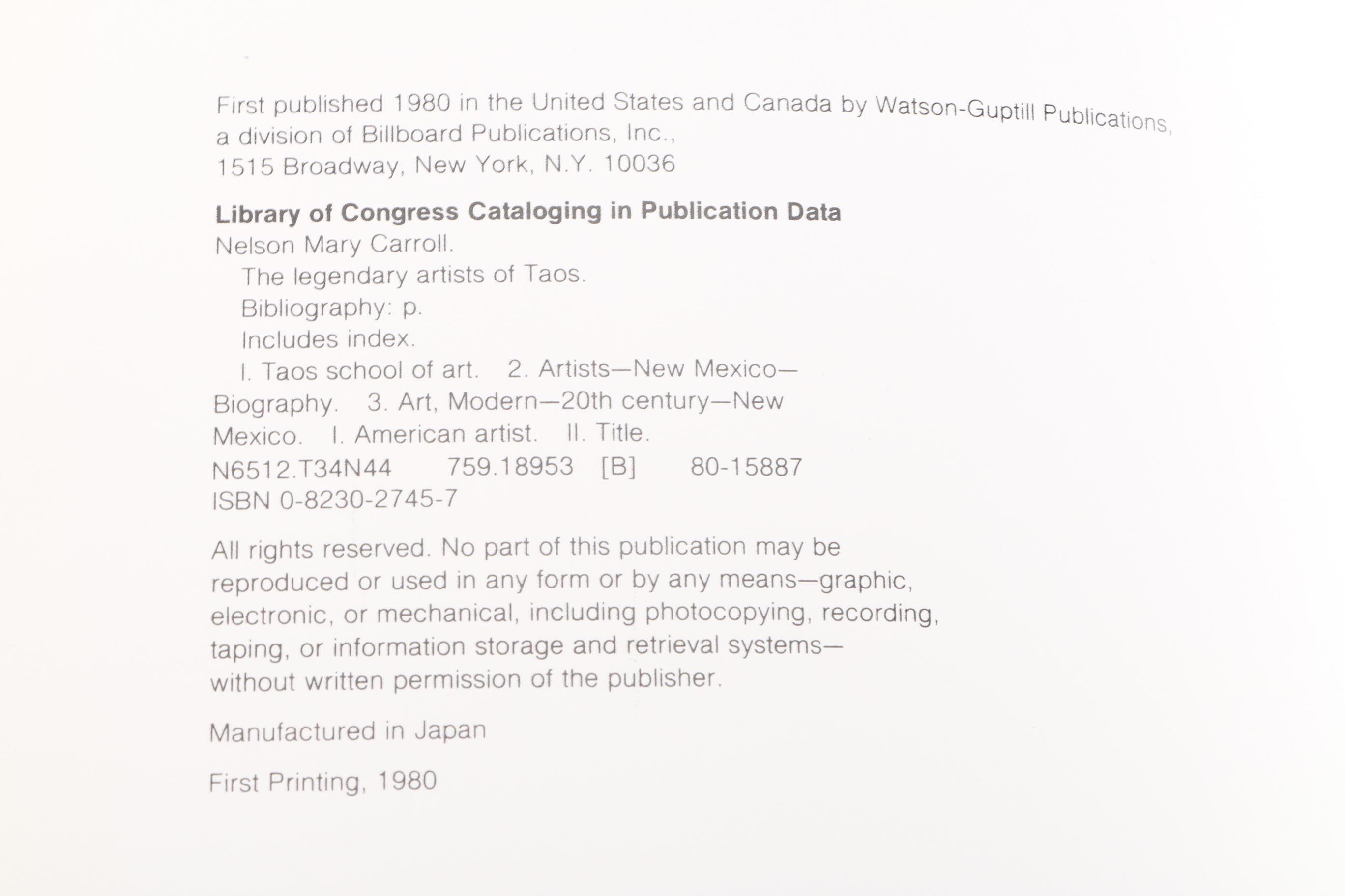 1980 First Printing "The Legendary Artists of Taos" by Mary Carroll Nelson