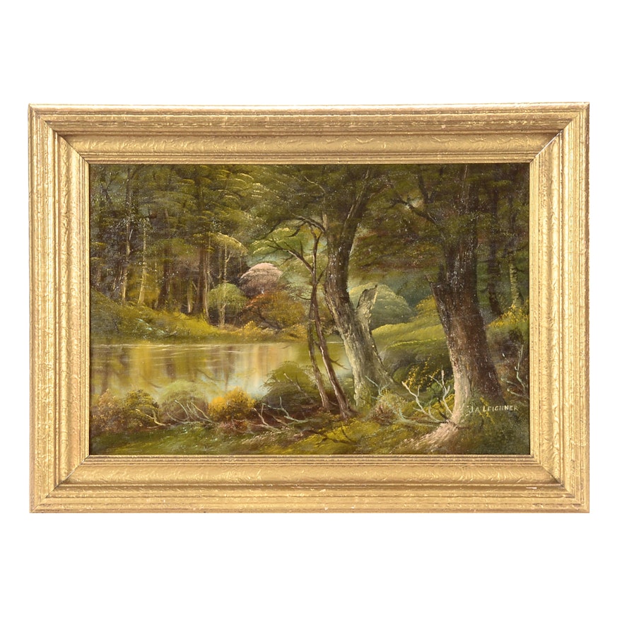 J. A. Leighner Antique Original Oil Landscape on Canvas