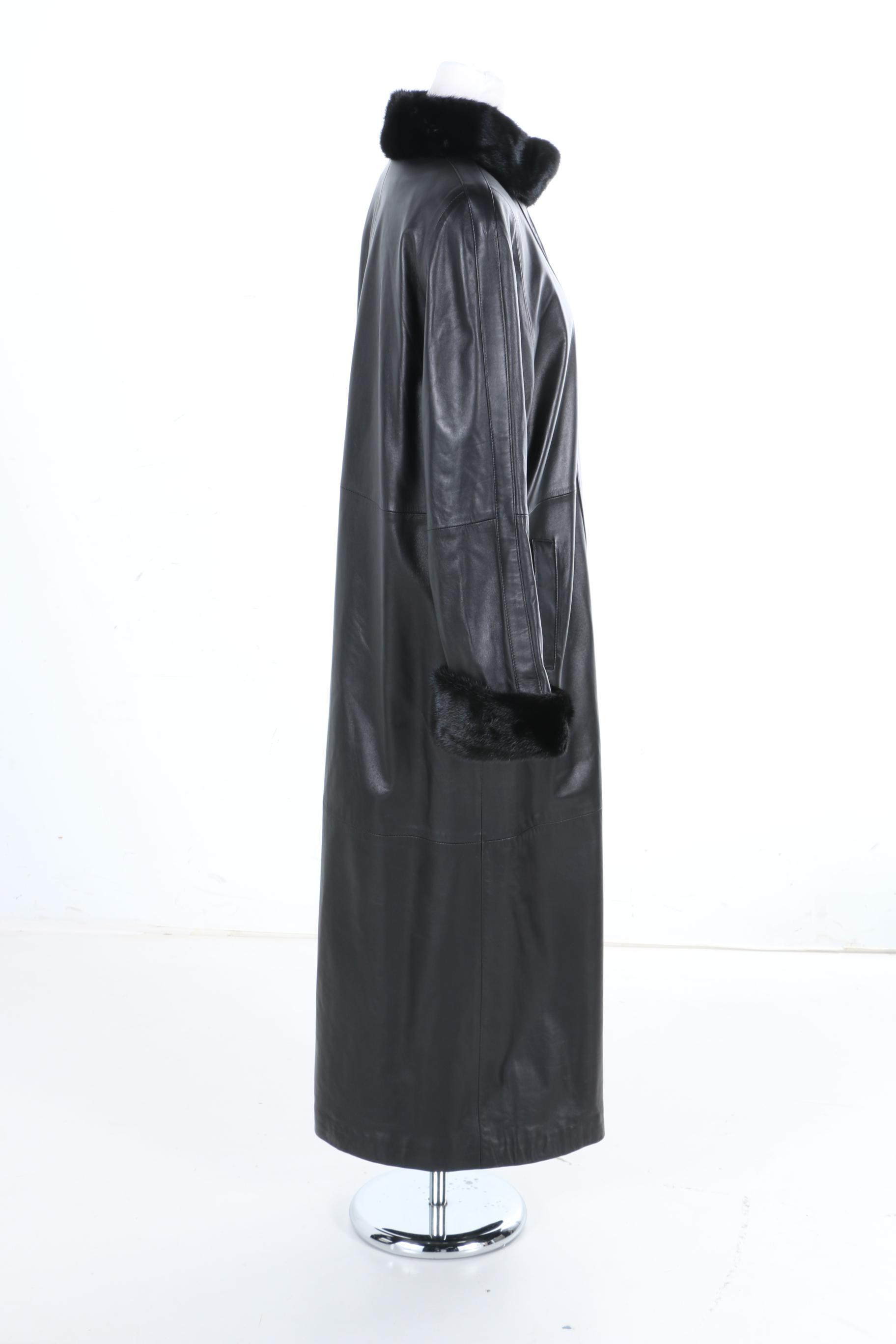 Chombert Black Leather and Mink Trim Coat