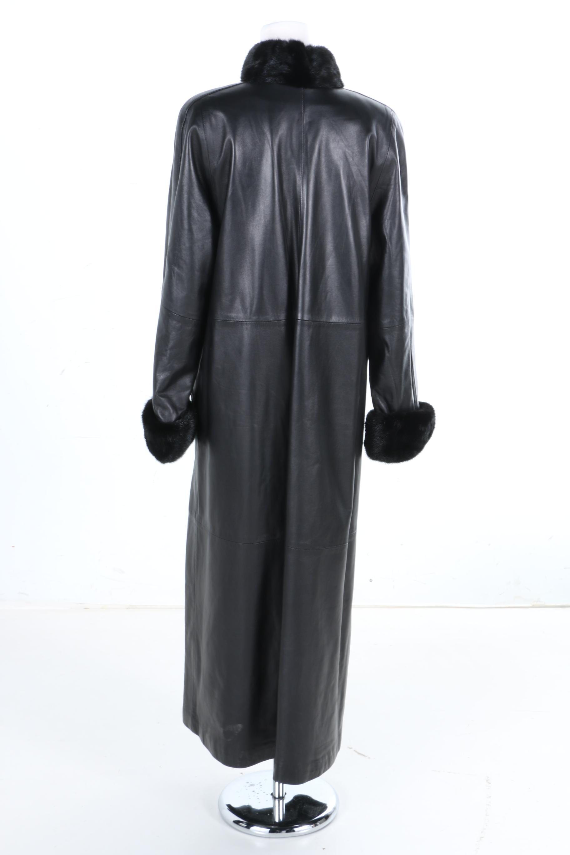 Chombert Black Leather and Mink Trim Coat