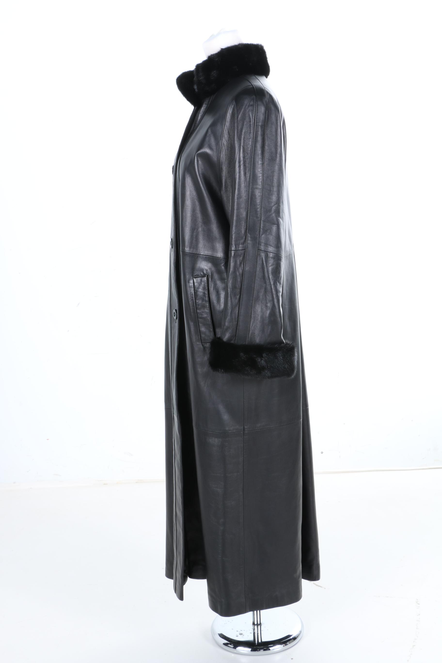 Chombert Black Leather and Mink Trim Coat