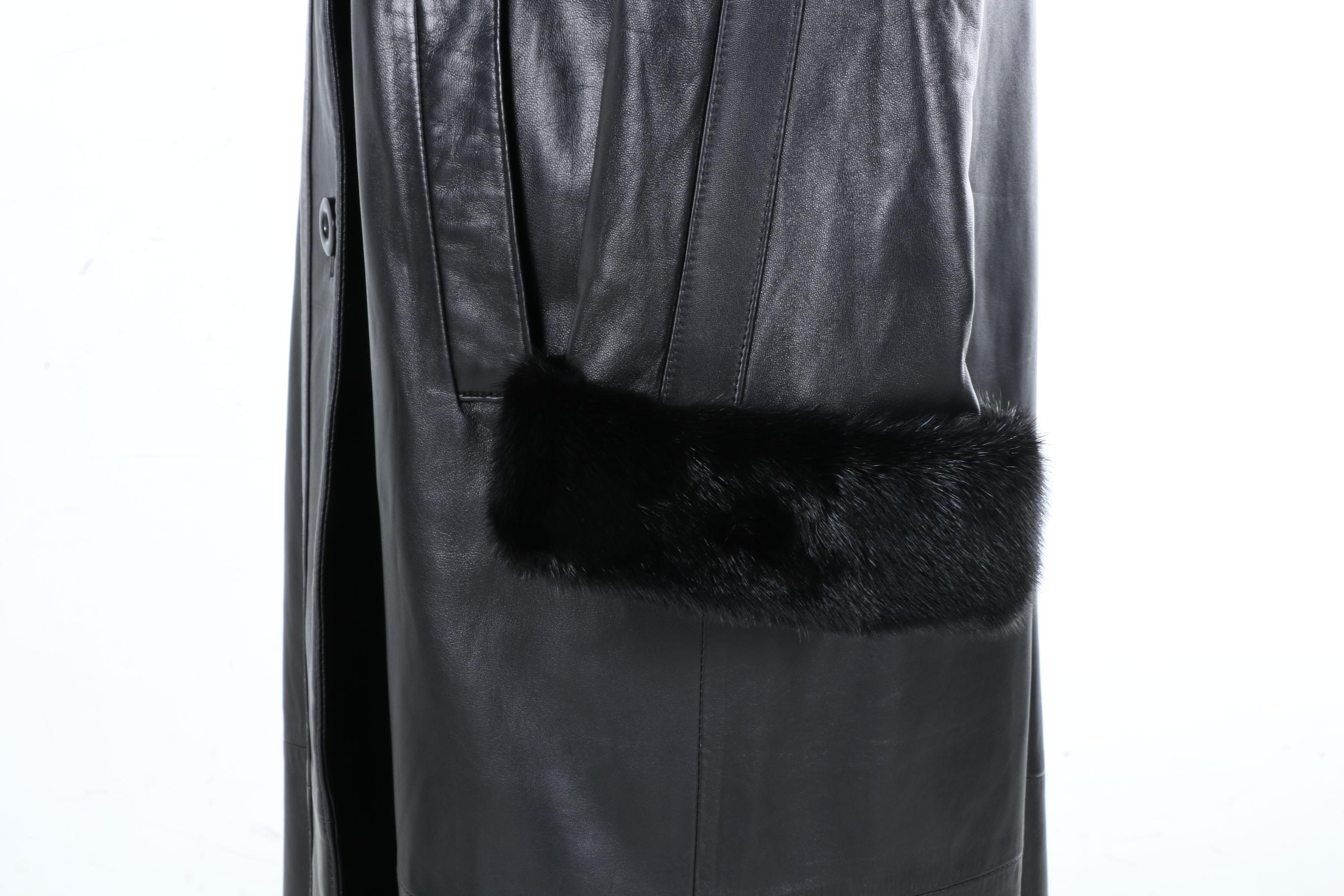 Chombert Black Leather and Mink Trim Coat