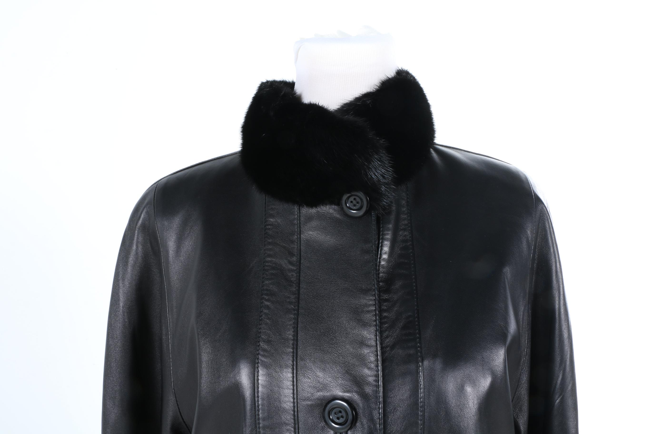 Chombert Black Leather and Mink Trim Coat
