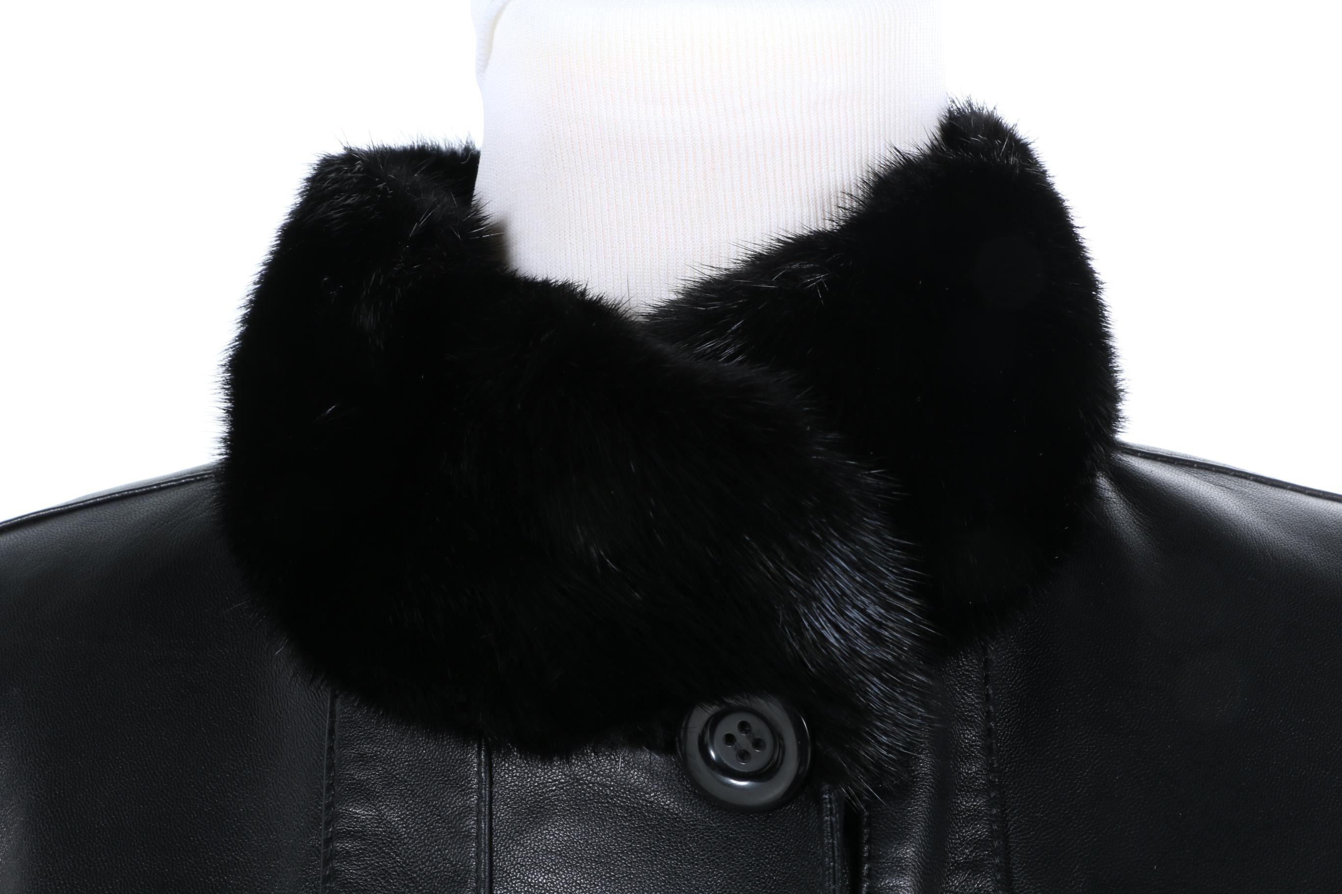 Chombert Black Leather and Mink Trim Coat