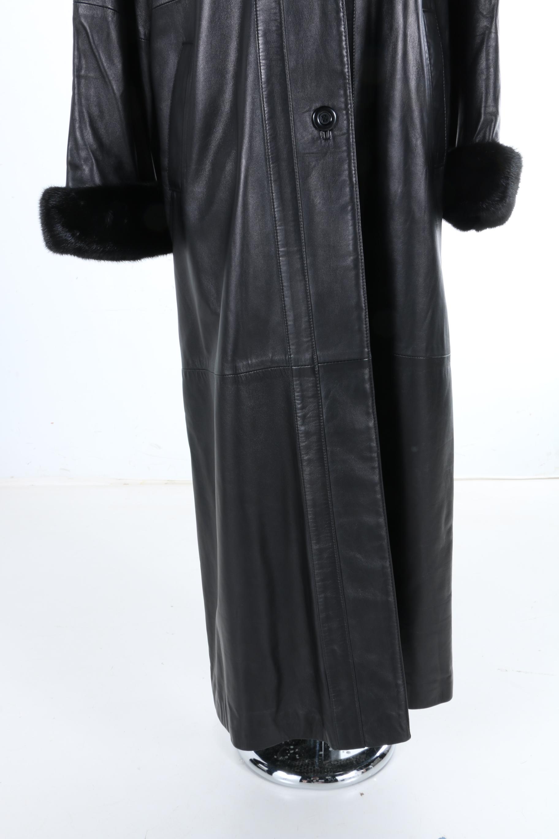 Chombert Black Leather and Mink Trim Coat