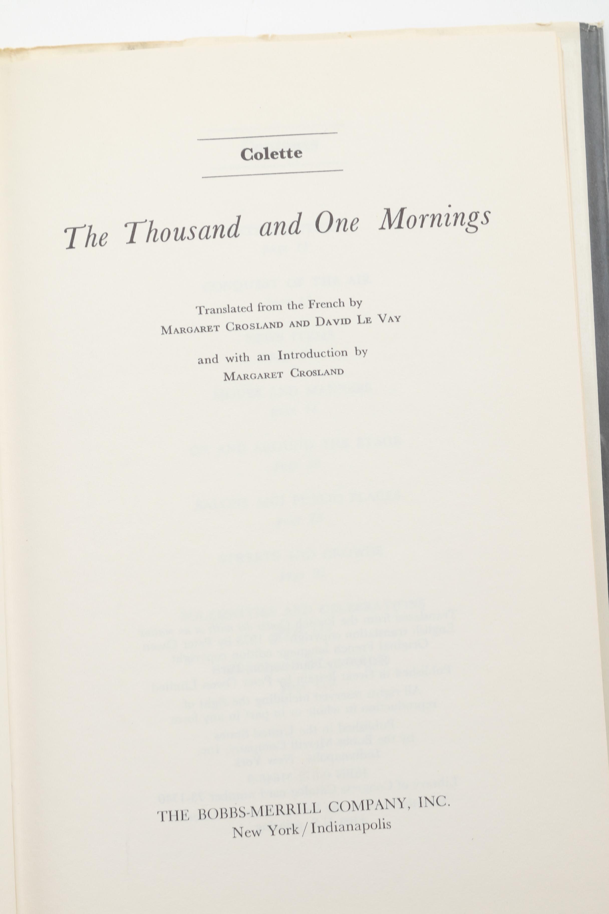 1973 First U.S Printing "The Thousand and One Mornings" by Colette