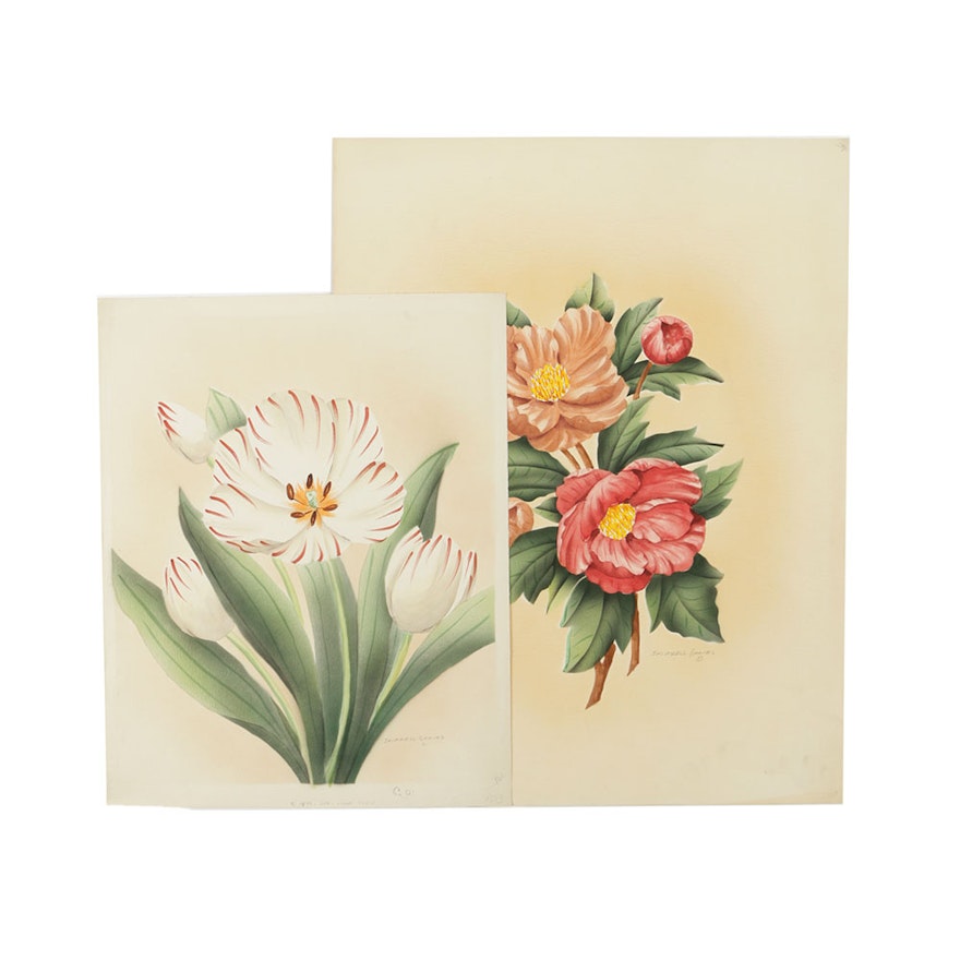 Pair of Shirrell Graves Watercolor Paintings on Paper of Flowers