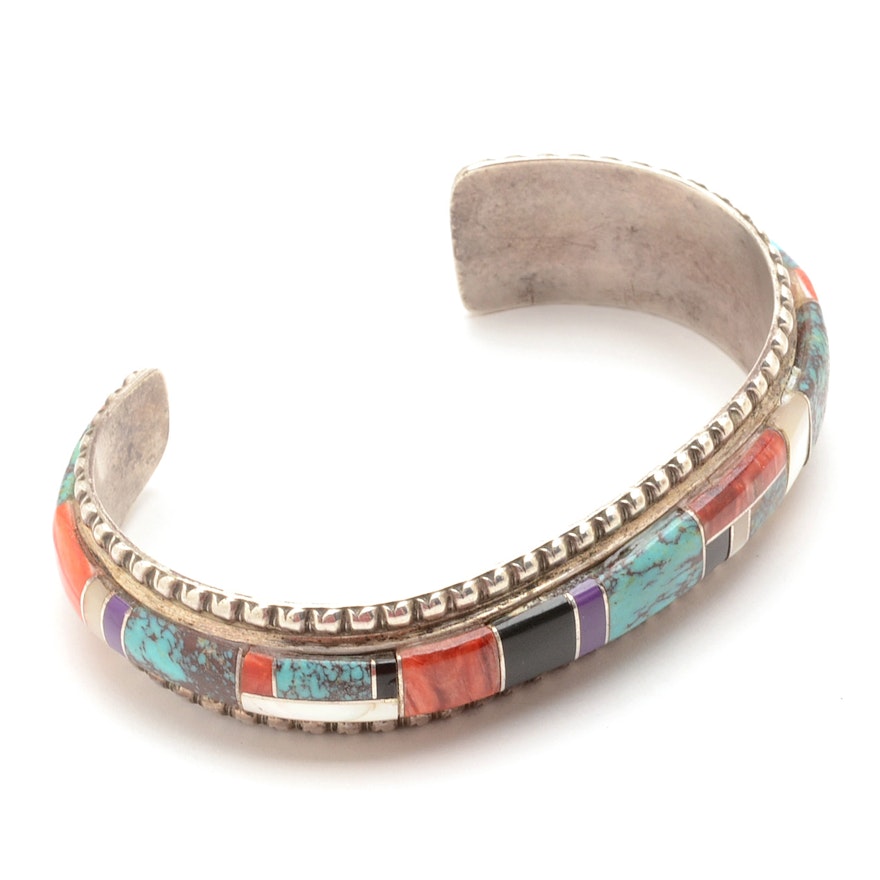 Native American Style Sterling Multi-Stone Inlaid Cuff Bracelet