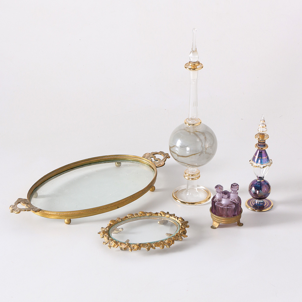 Ornate Art Glass Perfume Bottles with Vanity Trays
