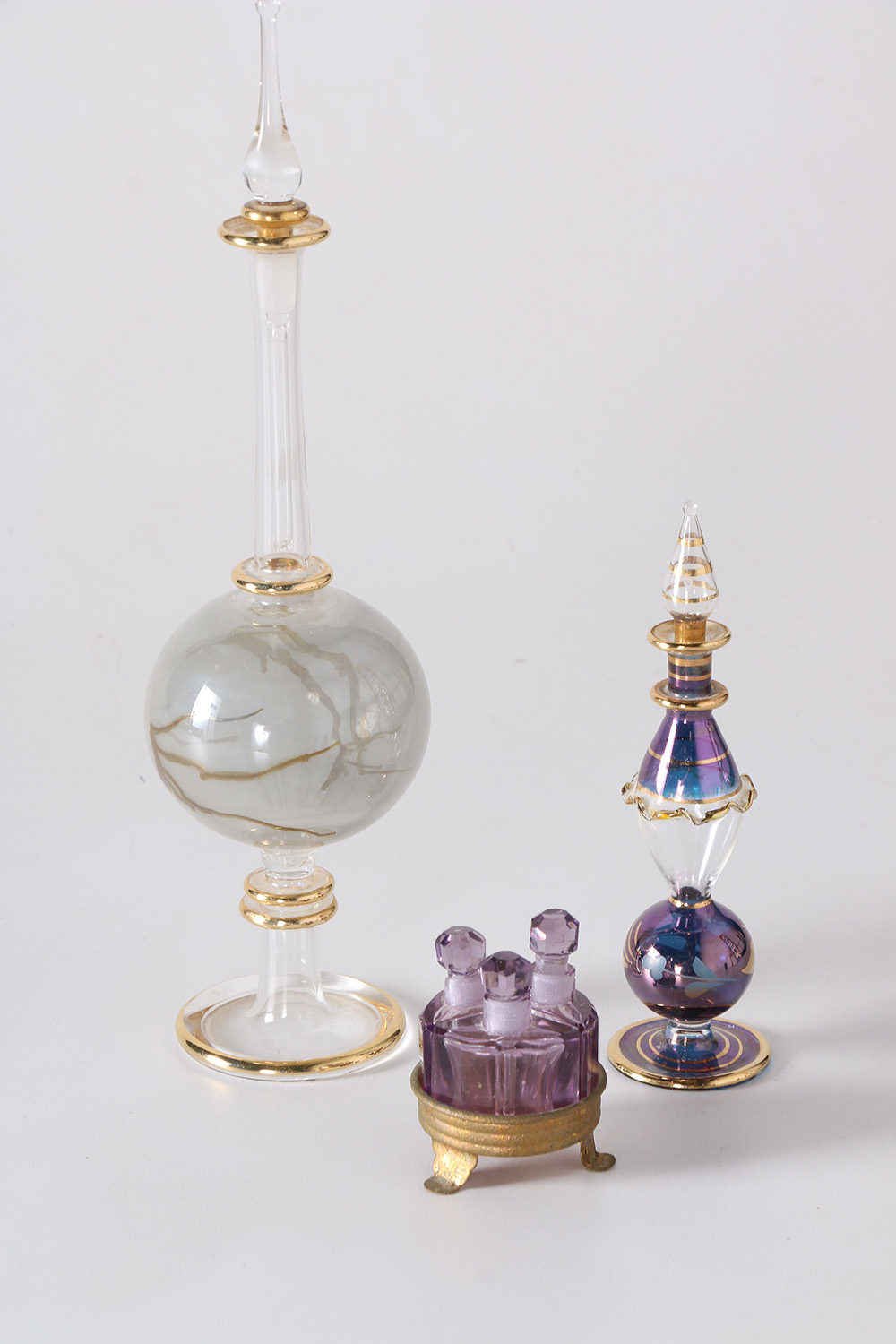 Ornate Art Glass Perfume Bottles with Vanity Trays