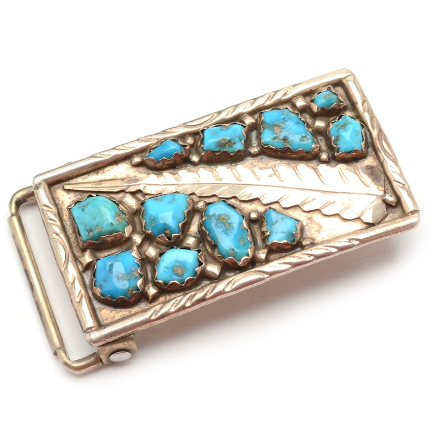Vintage Wayne Cheama Zuni Sterling Silver Turquoise Buckle