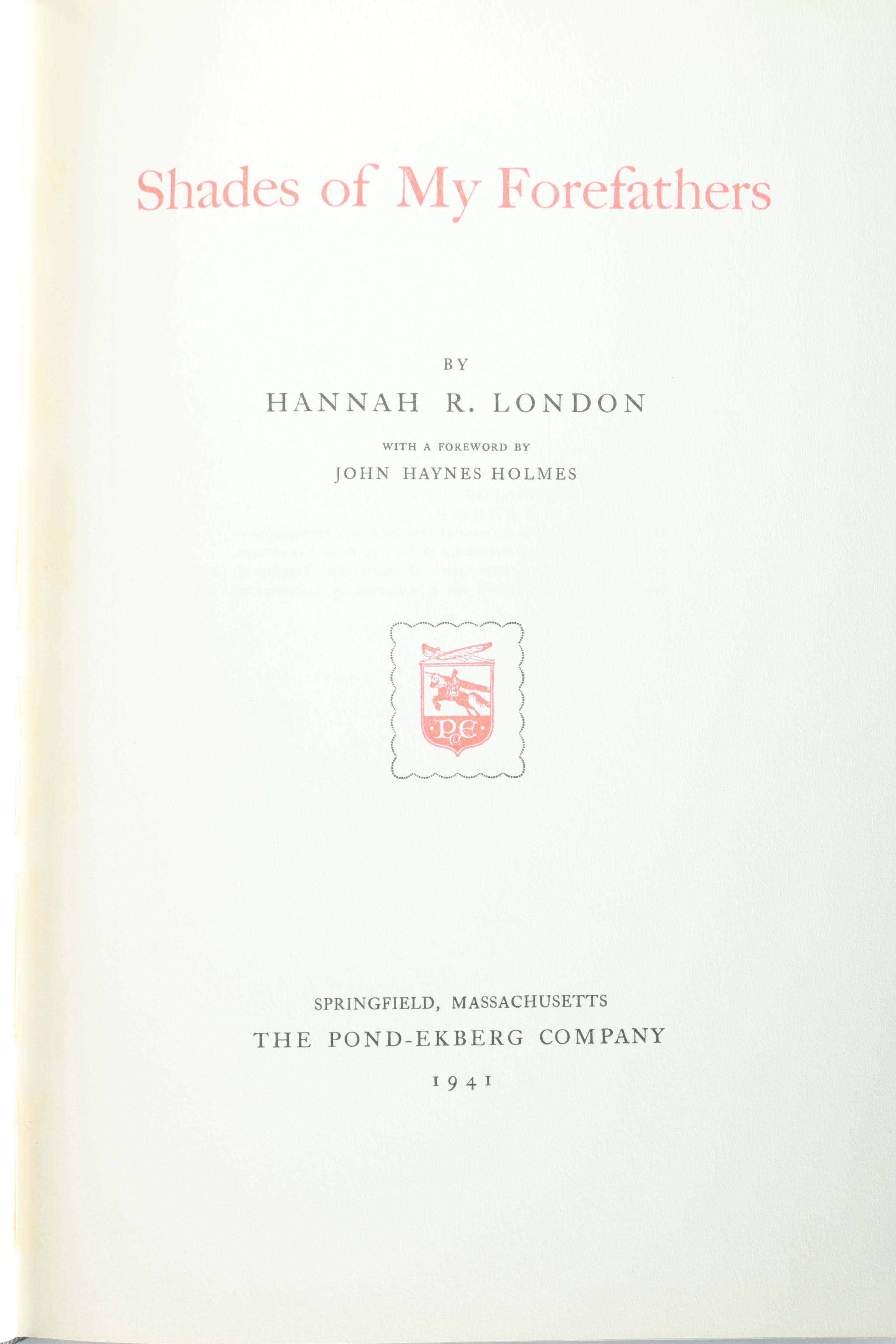 1941 First Edition "Shades of My Forefathers" by Hannah R. London