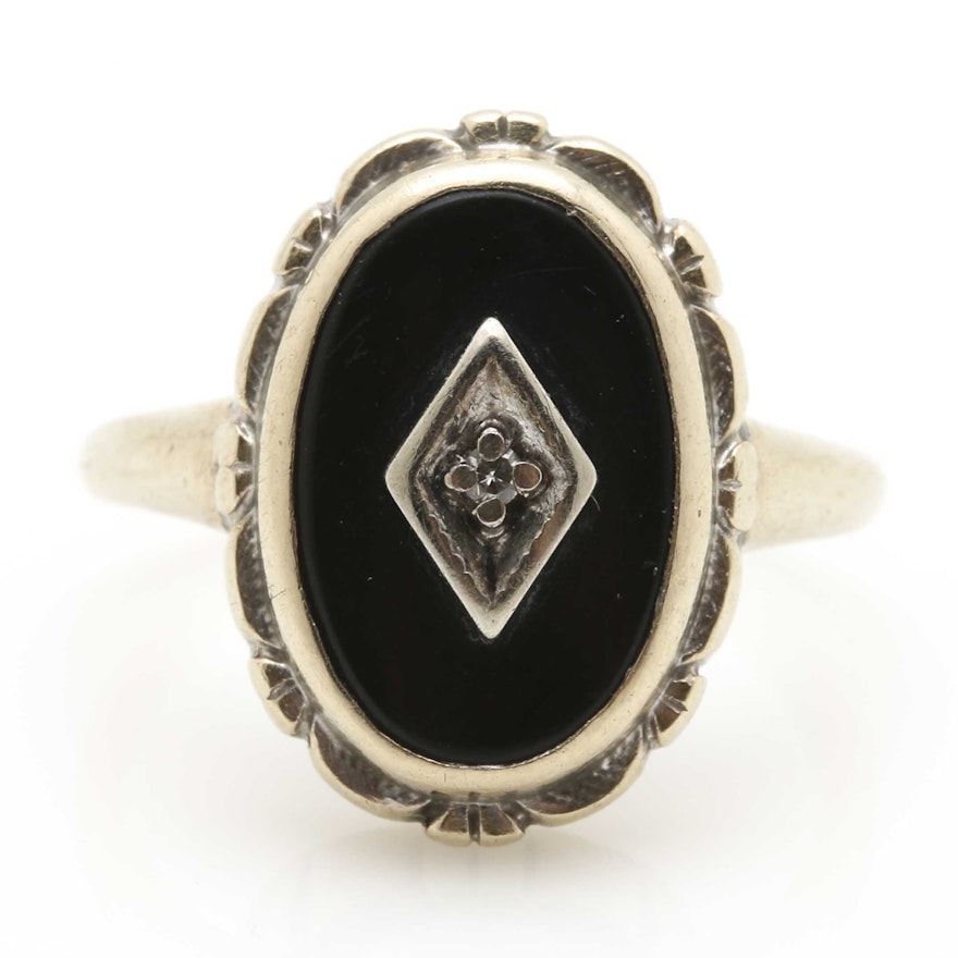 Art Deco Era 14K White Gold Onyx and Diamond Ring