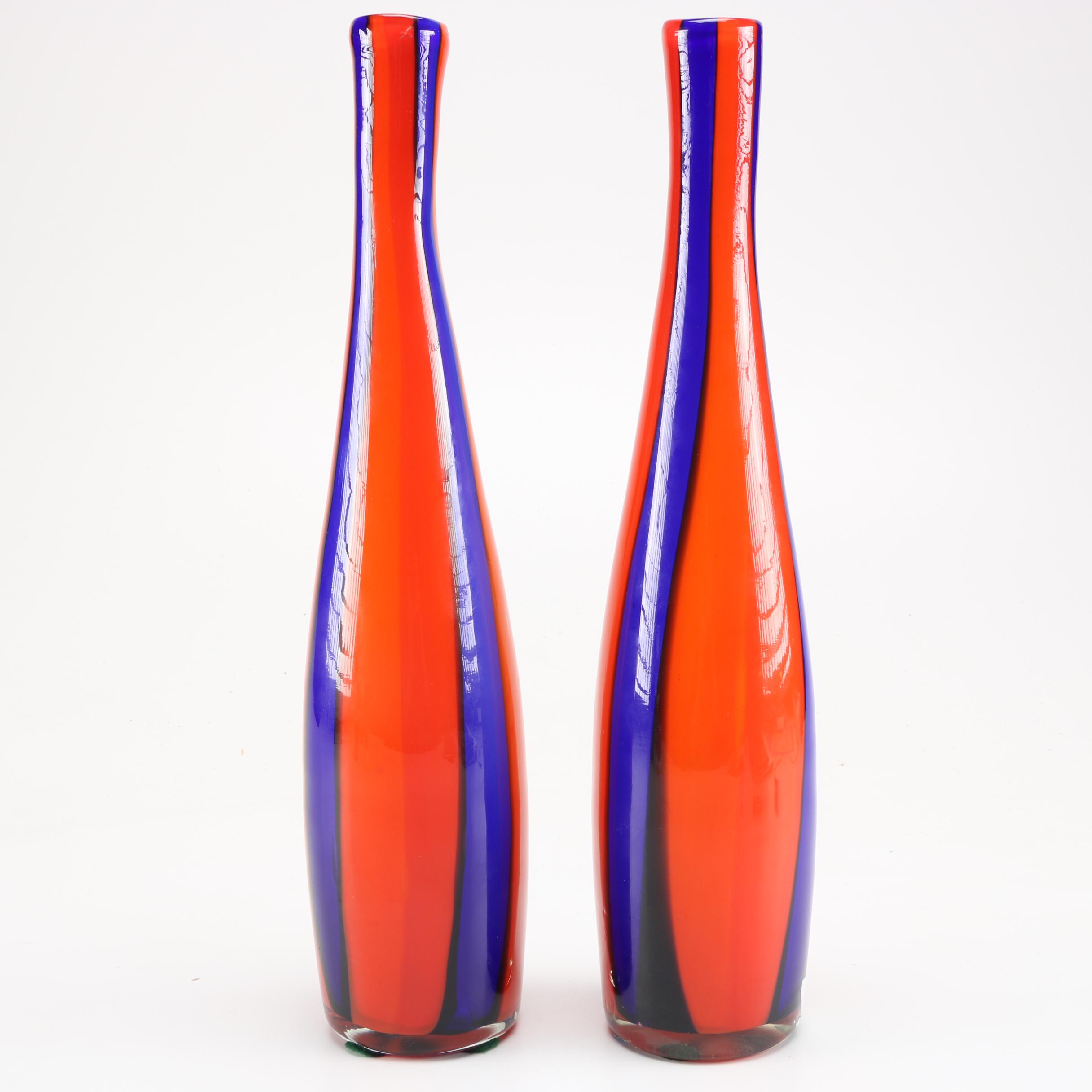 Mid-Century Blue Striped Glass Vases