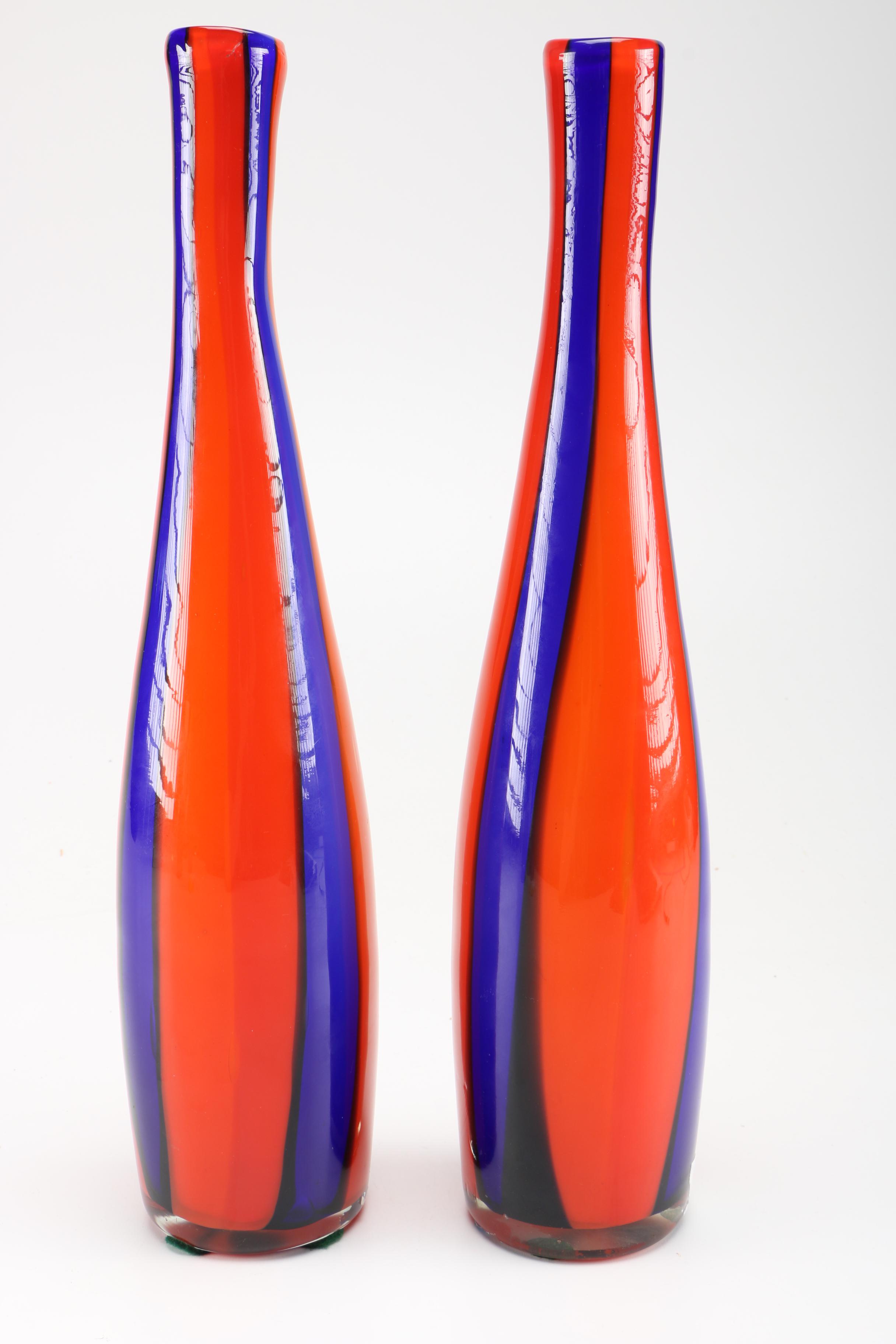 Mid-Century Blue Striped Glass Vases