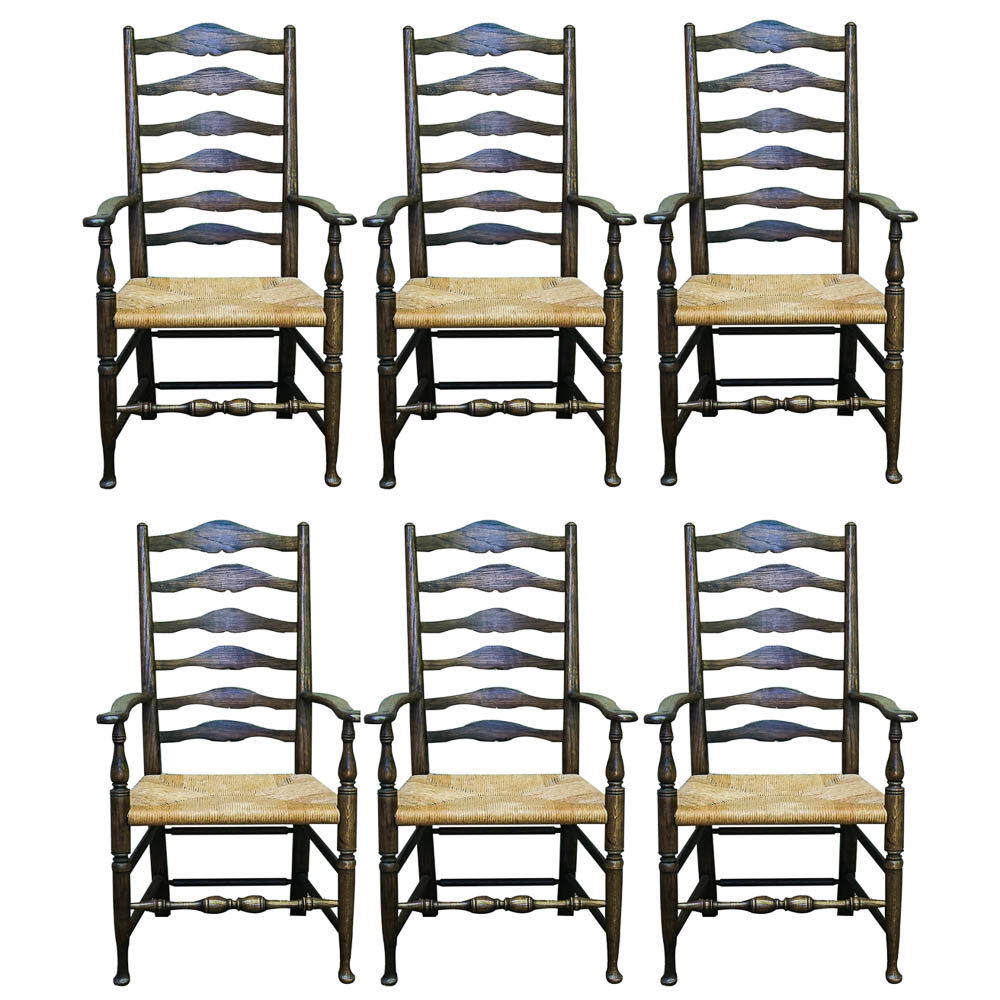 Vintage Oak Rush Seat Ladder Back Armchairs
