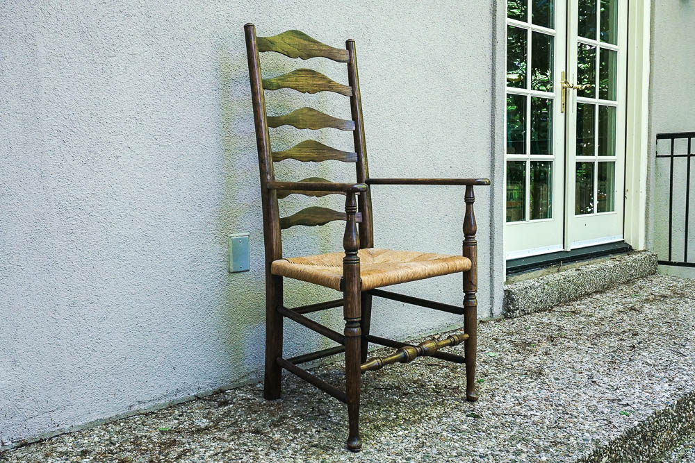 Vintage Oak Rush Seat Ladder Back Armchairs